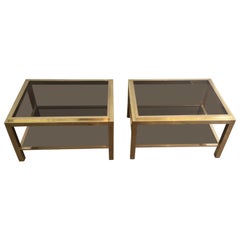 Vintage Attributed to Willy Rizzo, Pair of Large Brass Side Tables with Smoked Glass