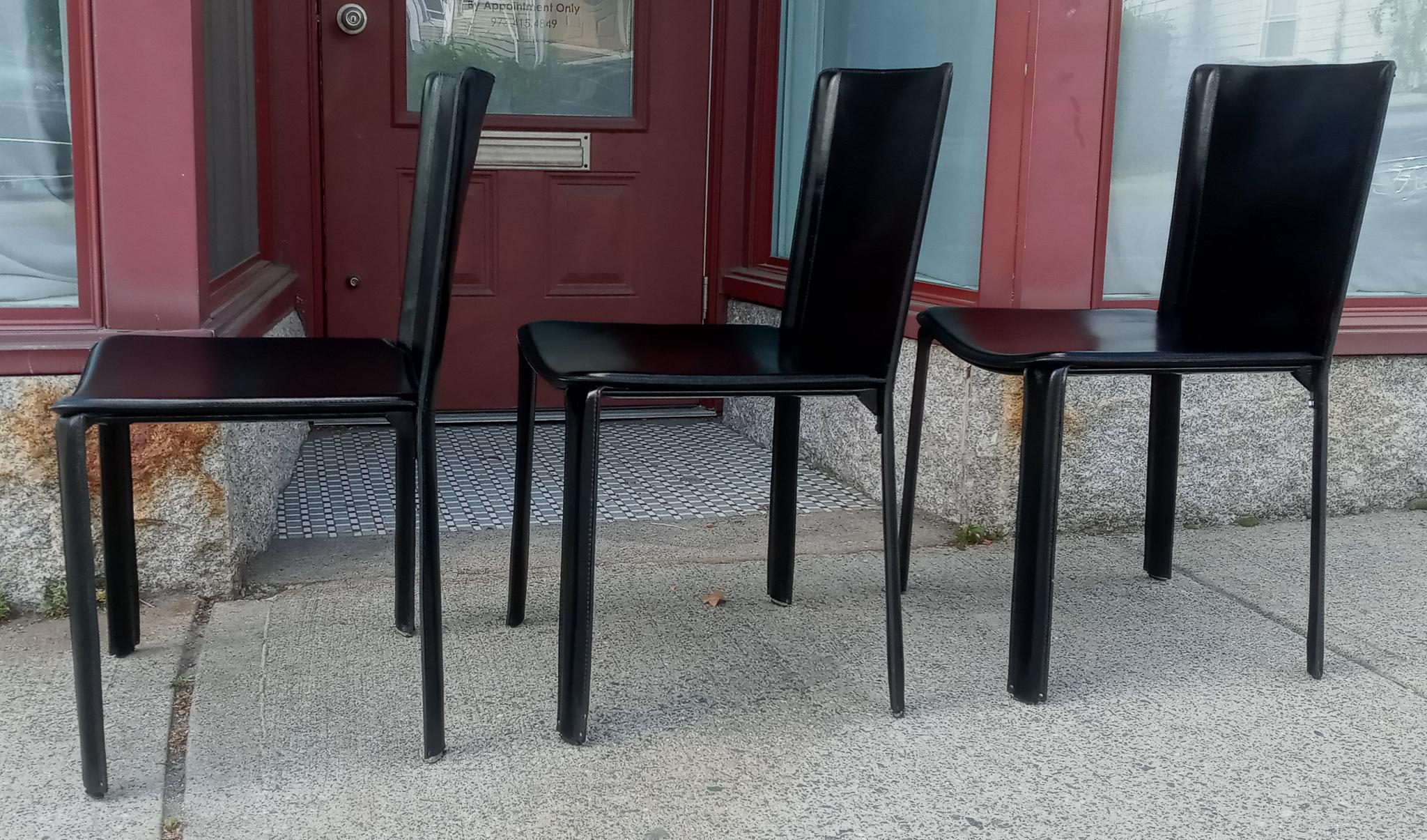 Attributed Willy Rizzo 3 Black Leather Side or Desk Chairs by Cidue Italy 1970s For Sale 4