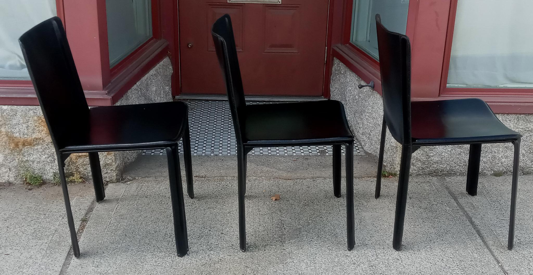 Attributed Willy Rizzo 3 Black Leather Side or Desk Chairs by Cidue Italy 1970s For Sale 5