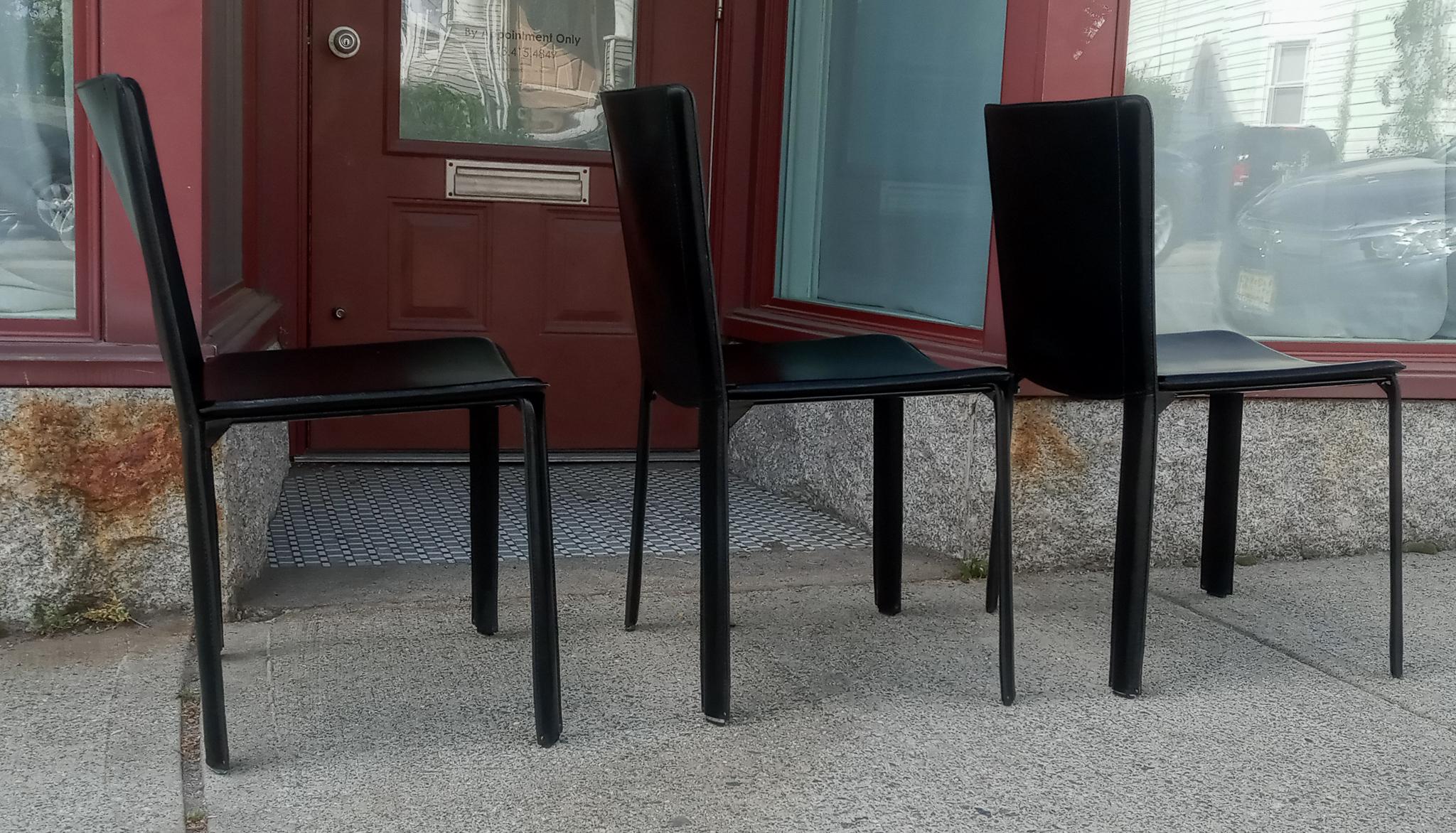 Attributed Willy Rizzo 3 Black Leather Side or Desk Chairs by Cidue Italy 1970s For Sale 7