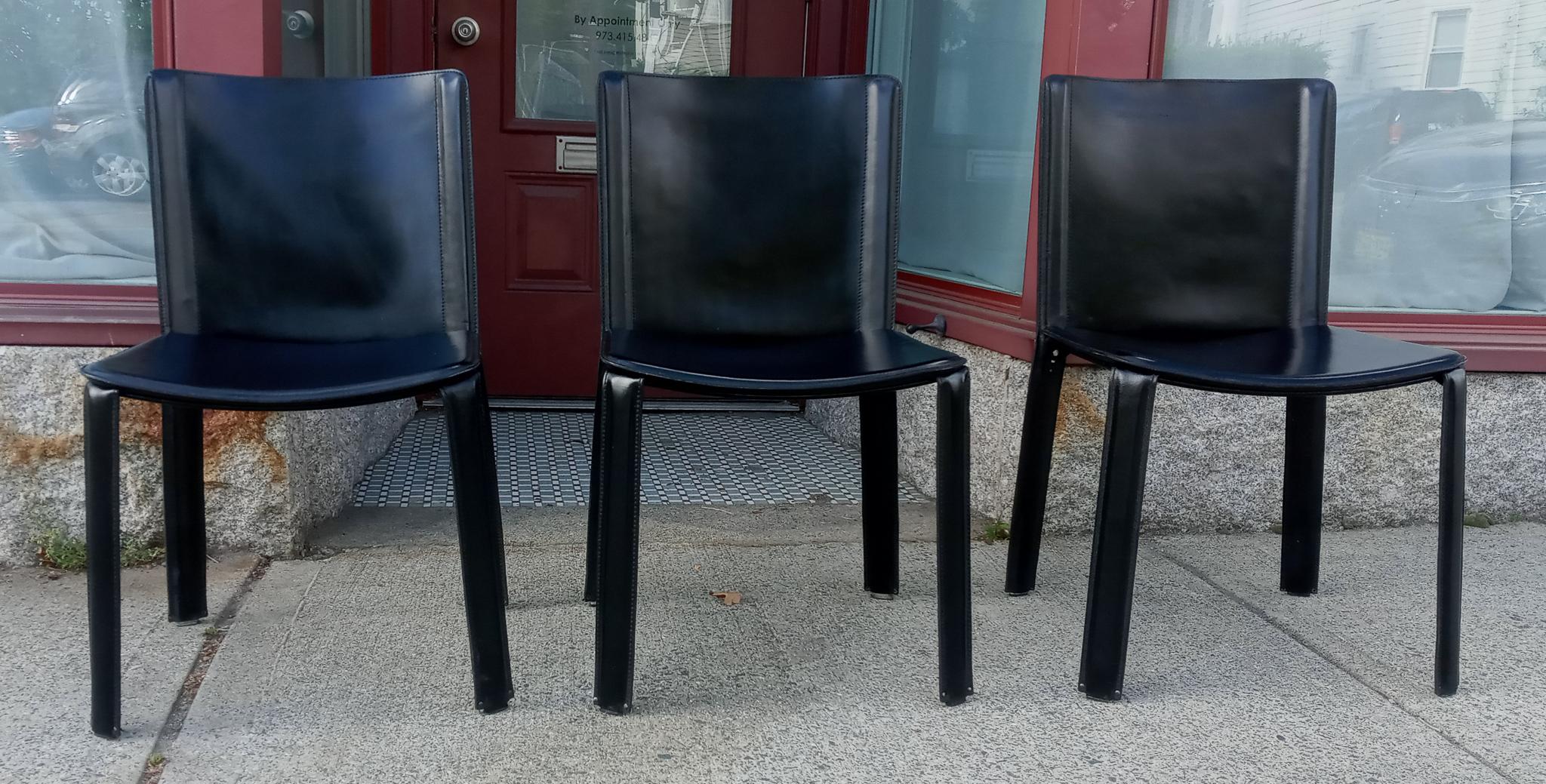 Attributed Willy Rizzo 3 Black Leather Side or Desk Chairs by Cidue Italy 1970s In Good Condition For Sale In Philadelphia, PA