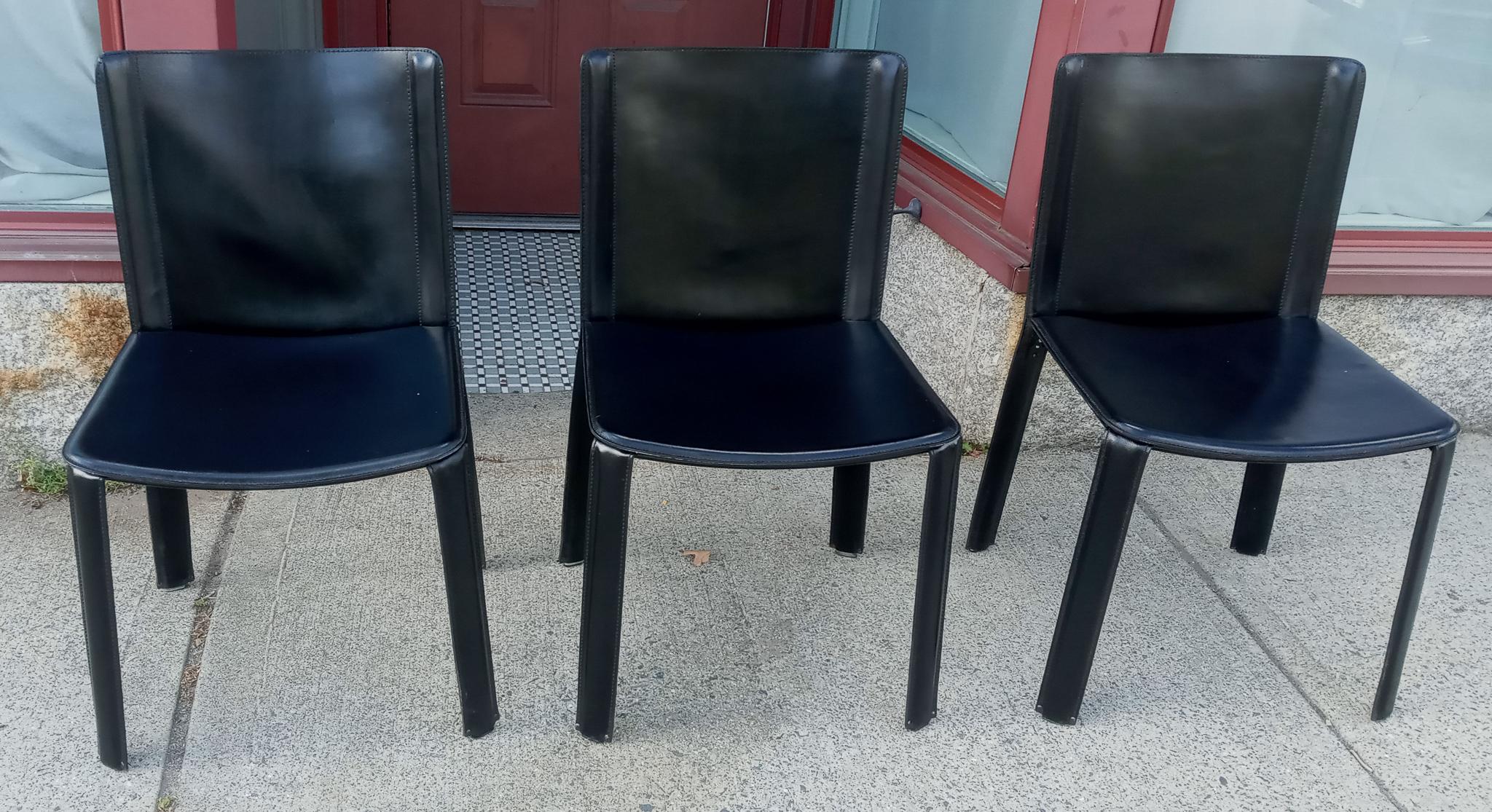 Late 20th Century Attributed Willy Rizzo 3 Black Leather Side or Desk Chairs by Cidue Italy 1970s For Sale
