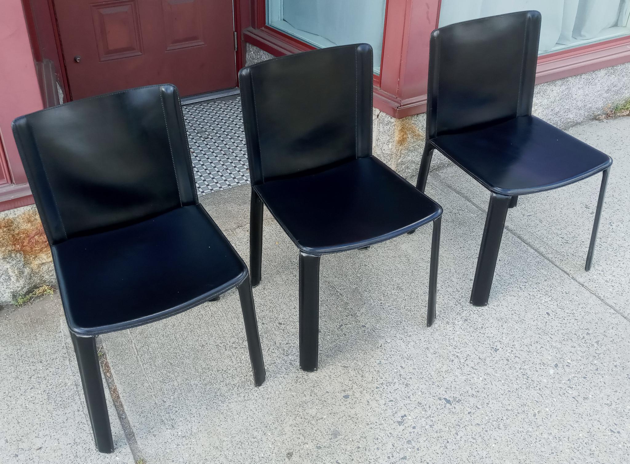Attributed Willy Rizzo 3 Black Leather Side or Desk Chairs by Cidue Italy 1970s For Sale 1