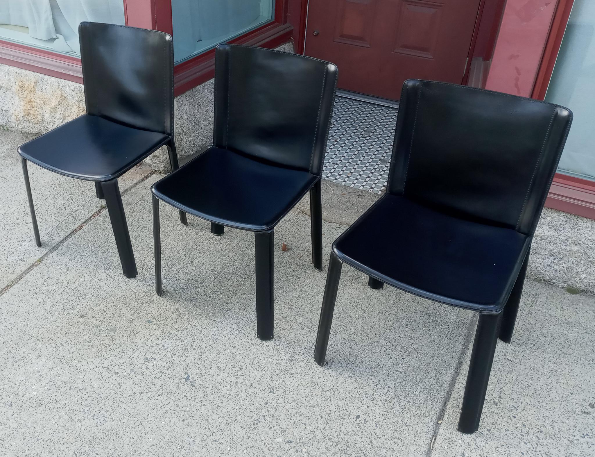 Attributed Willy Rizzo 3 Black Leather Side or Desk Chairs by Cidue Italy 1970s For Sale 2