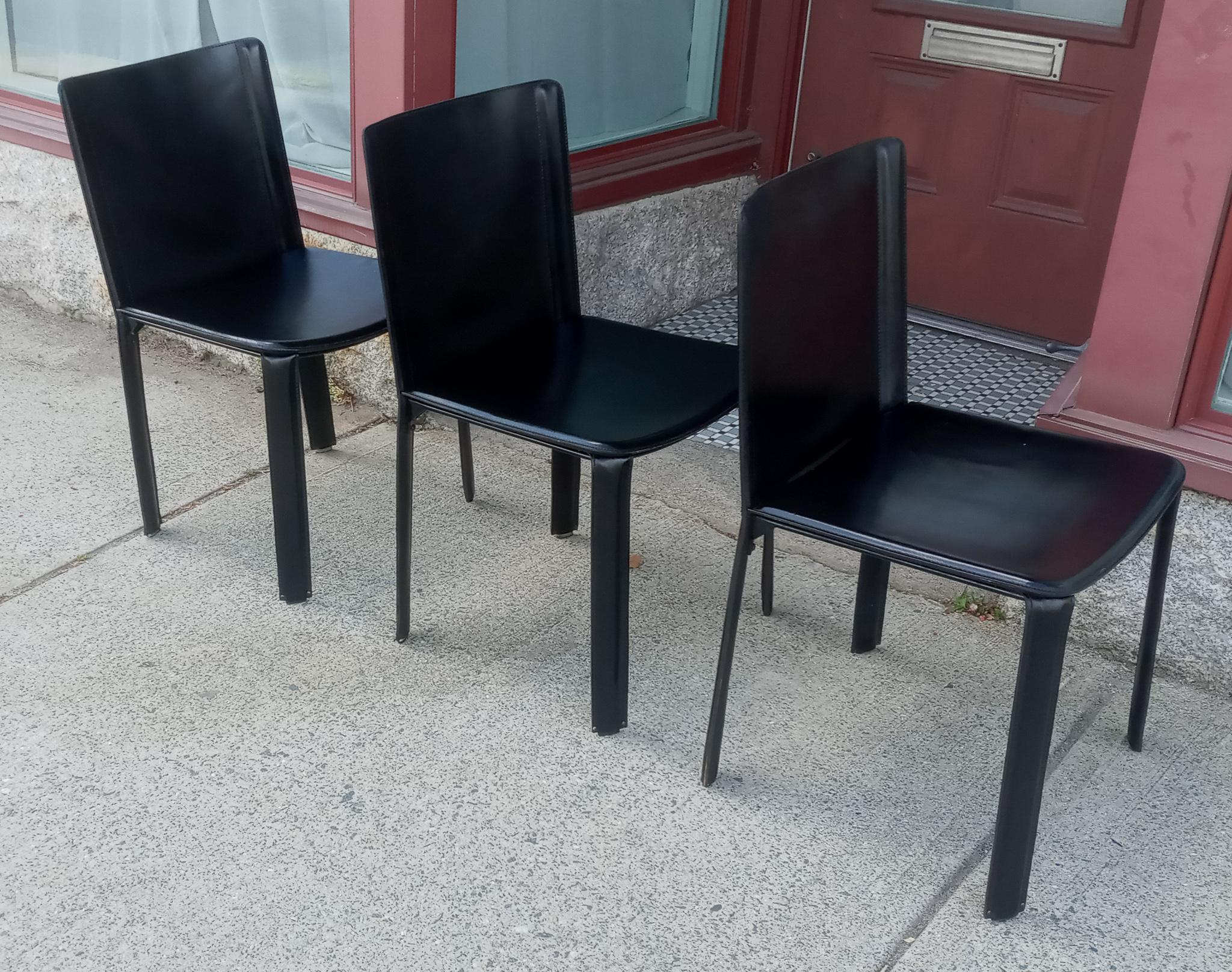 Attributed Willy Rizzo 3 Black Leather Side or Desk Chairs by Cidue Italy 1970s For Sale 3