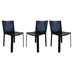 Attributed Willy Rizzo 3 Black Leather Side or Desk Chairs by Cidue Italy 1970s
