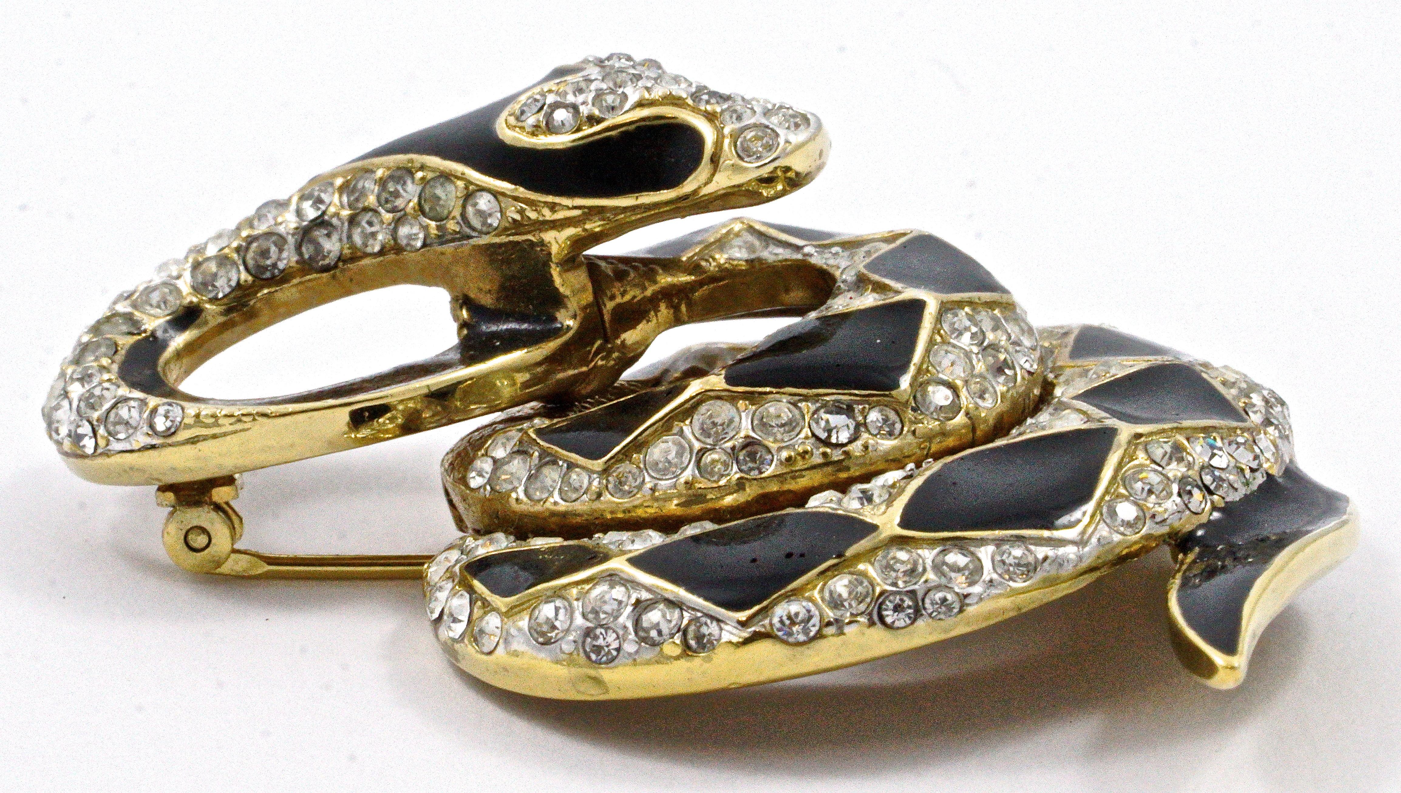 Attwood & Sawyer Gold Plated Black Enamel and Clear Rhinestone Snake Brooch In Good Condition In London, GB