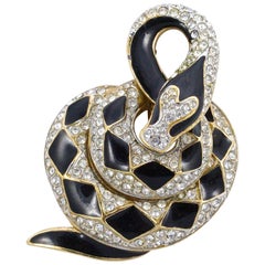 Vintage Attwood & Sawyer Gold Plated Black Enamel and Clear Rhinestone Snake Brooch