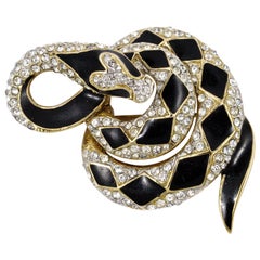 Vintage Attwood & Sawyer Gold Plated Black Enamel and Clear Rhinestone Snake Brooch