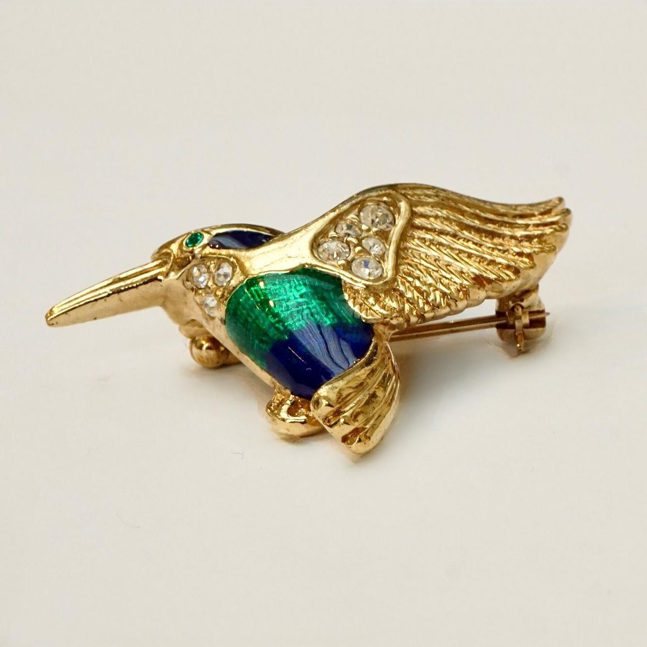 Women's or Men's Attwood & Sawyer Gold Plated Green Blue Red Enamel and Rhinestone Bird Brooch For Sale