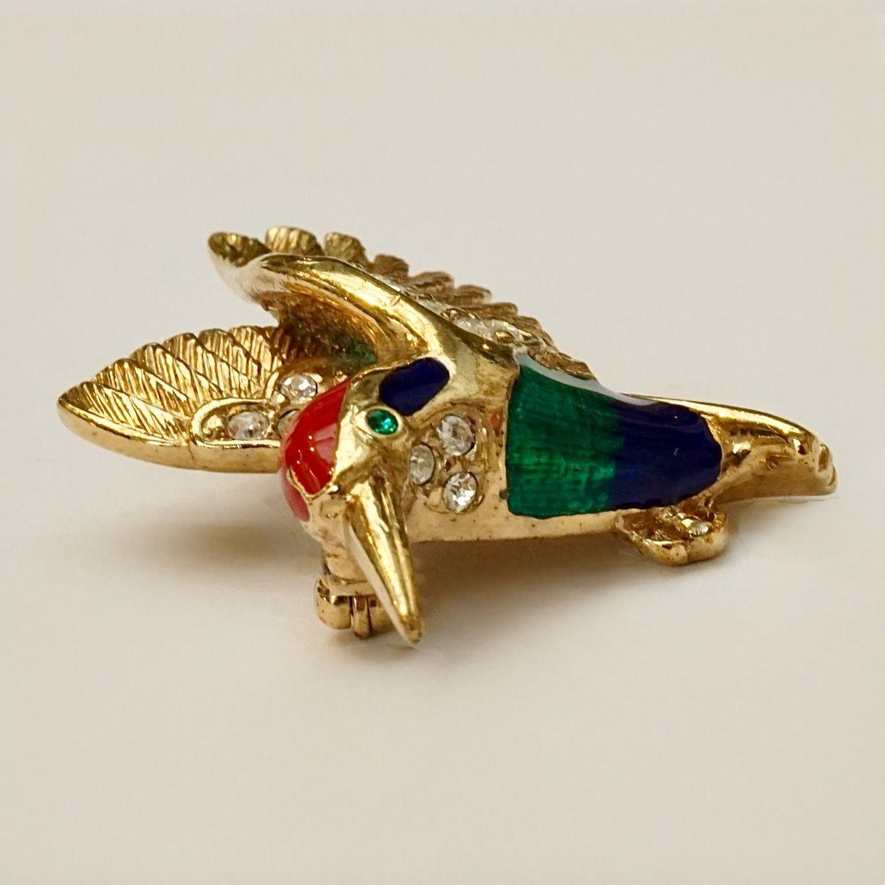 Attwood & Sawyer Gold Plated Green Blue Red Enamel and Rhinestone Bird Brooch For Sale 1