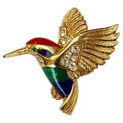 Vintage Attwood & Sawyer Gold Plated Green Blue Red Enamel and Rhinestone Bird Brooch