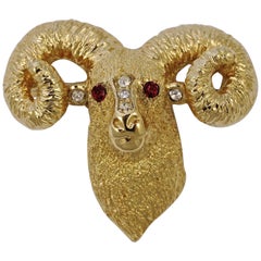 Attwood & Sawyer Gold Plated Rams Head Brooch with Red and Clear Rhinestones
