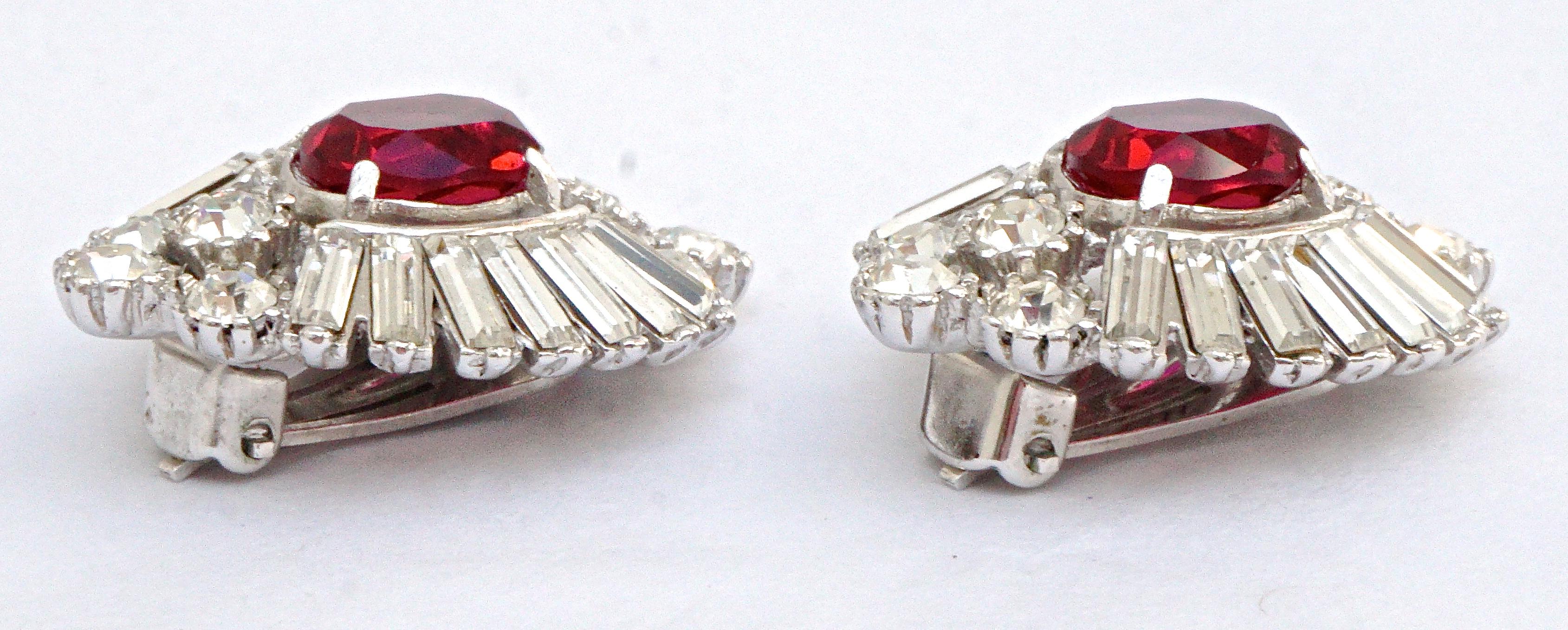 Women's or Men's Attwood & Sawyer Silver Tone Clear and Ruby Red Rhinestone Clip On Earrings For Sale