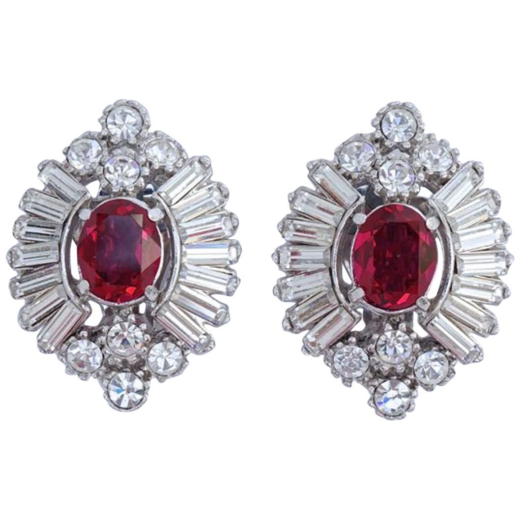 Attwood & Sawyer Silver Tone Clear and Ruby Red Rhinestone Clip On Earrings For Sale