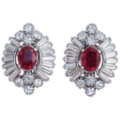 Antique Attwood & Sawyer Silver Tone Clear and Ruby Red Rhinestone Clip On Earrings