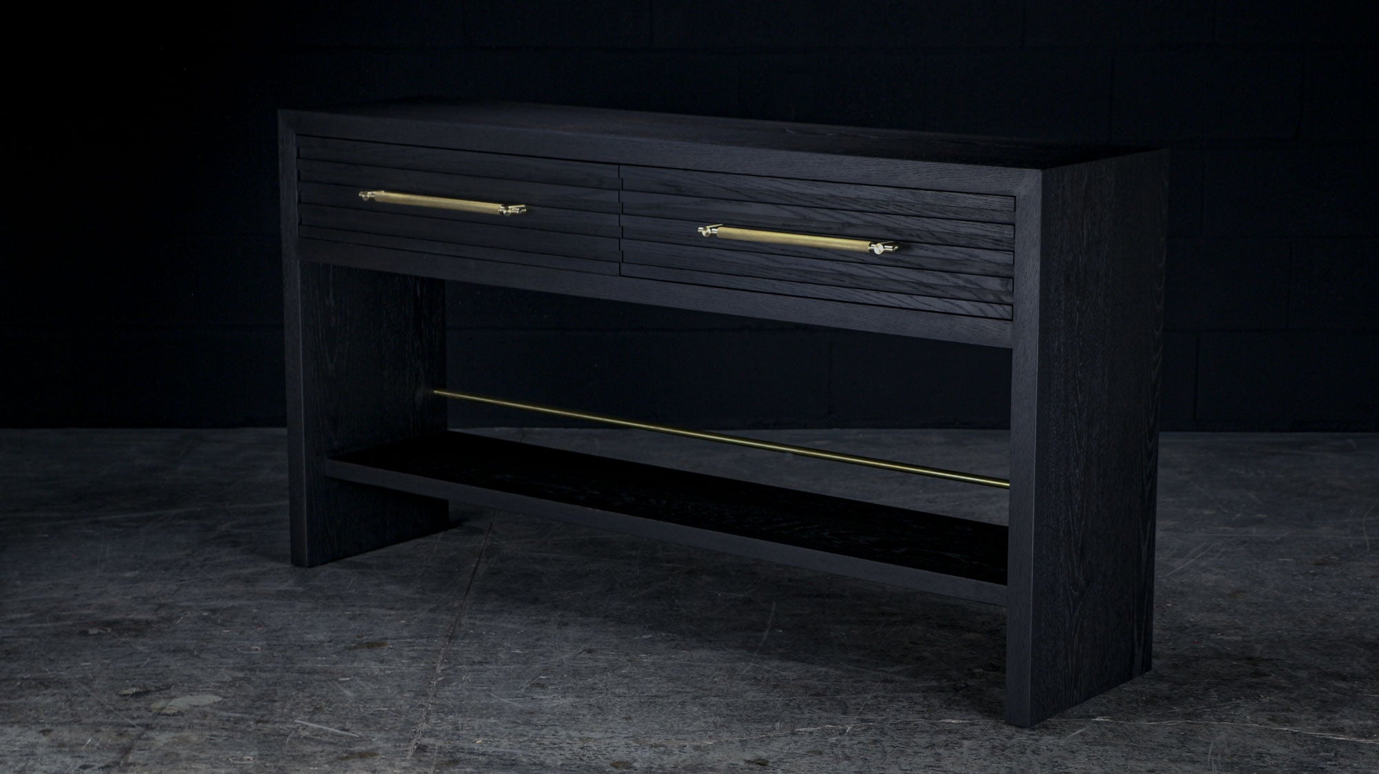 Canadian Atwater Drawer Console, by AMBROZIA, Solid Ebonized Oak, Brown Leather & Brass For Sale