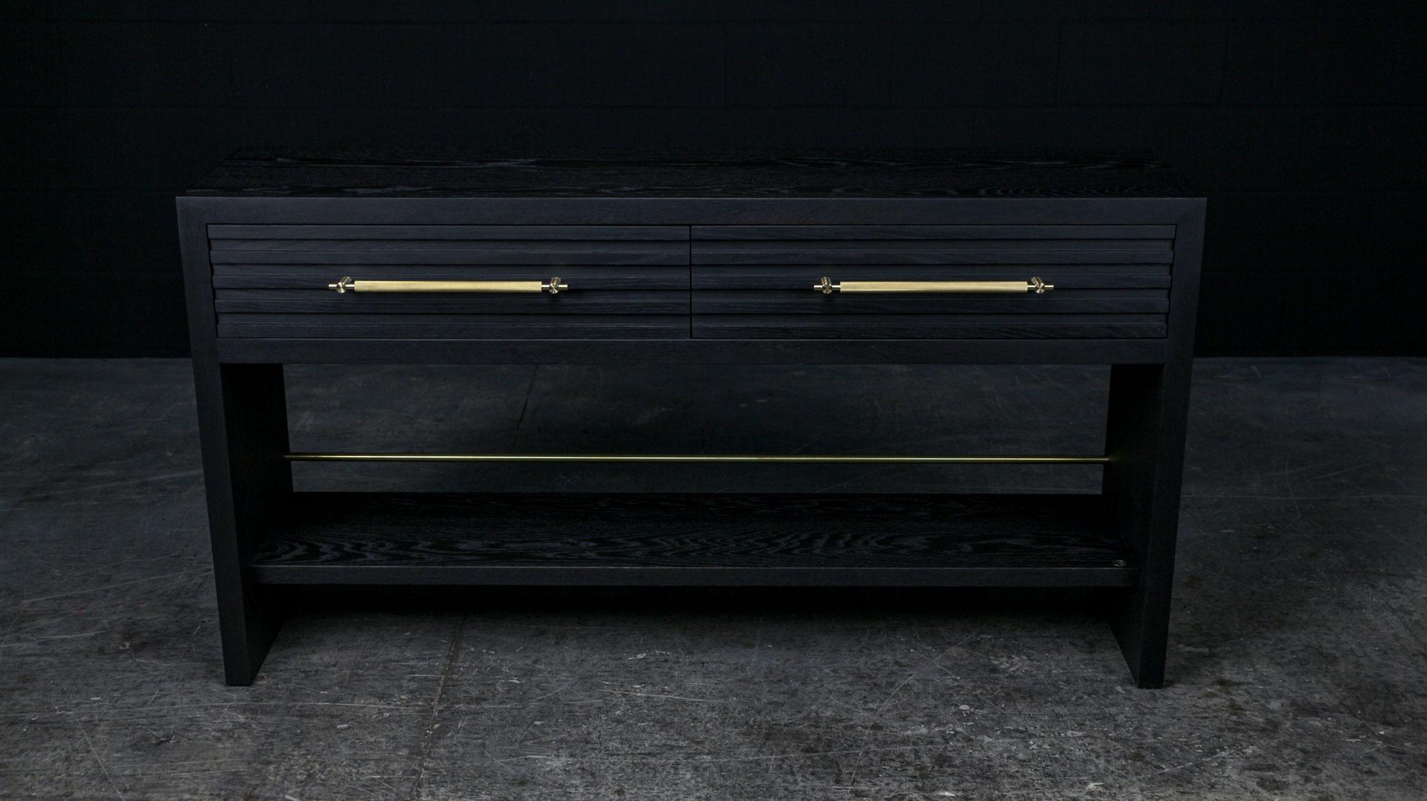 Blackened Atwater Drawer Console, by AMBROZIA, Solid Ebonized Oak, Brown Leather & Brass For Sale