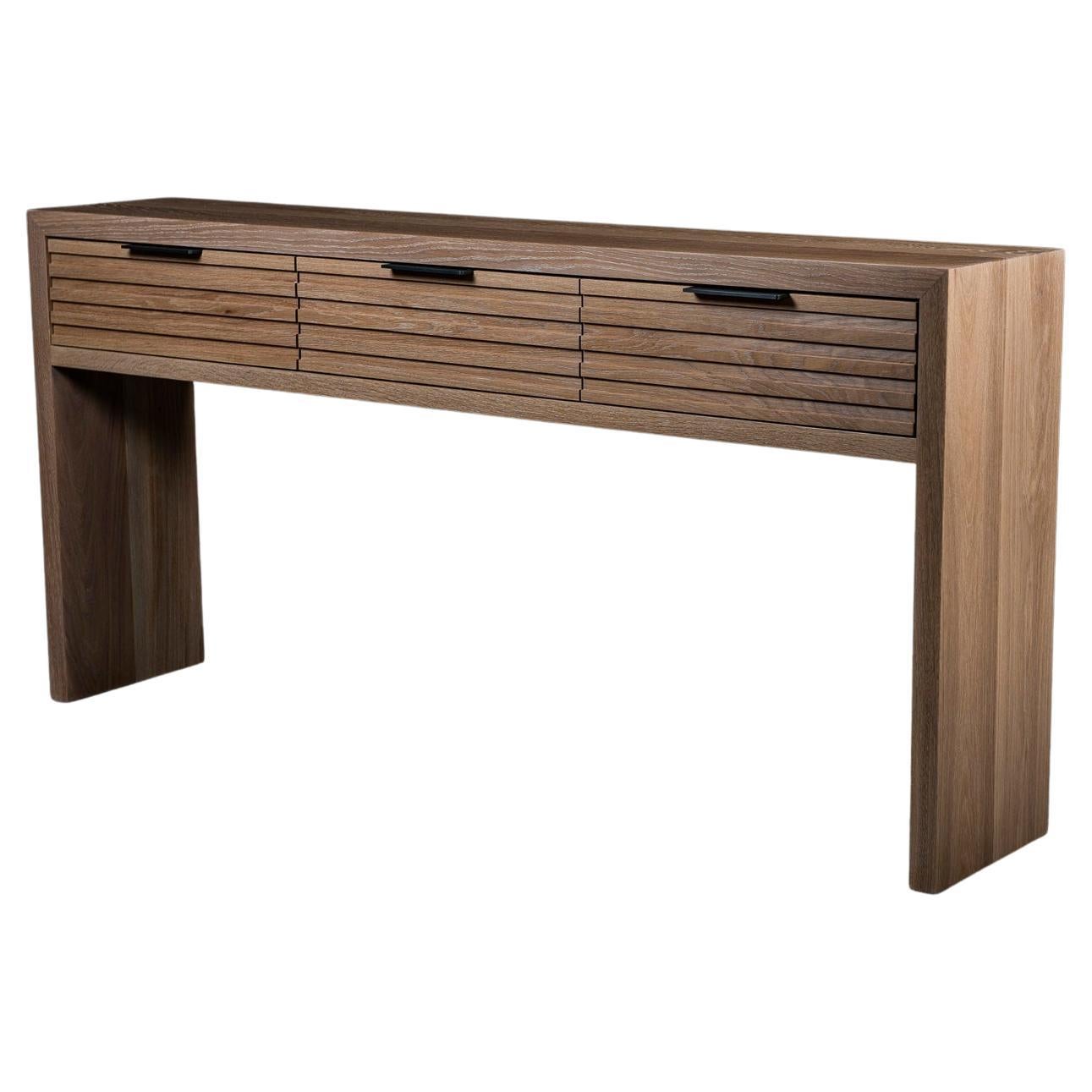 Atwater Drawer Console, by AMBROZIA, Solid White Oak, Dijon Leather & Metal For Sale