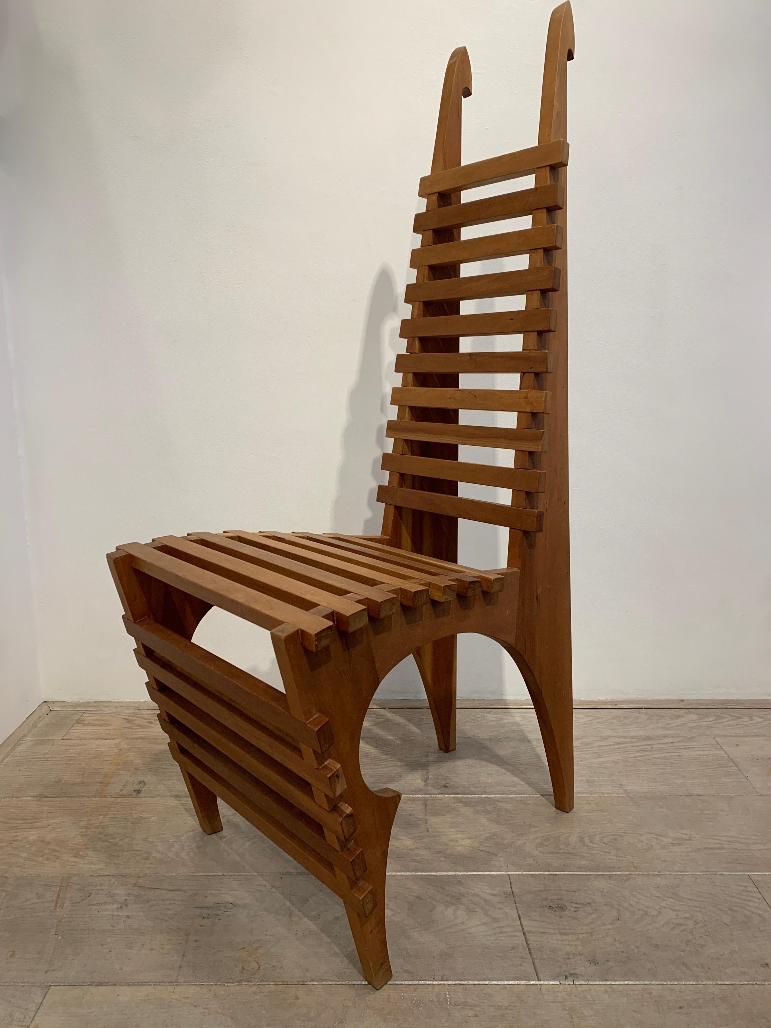 The present chair reminds of a chair in construction and style of the Great Designer Serge Manzon that he created in the late 1970s. Though signed, I am not sure about who could be the designer. Nertheless, the construction and the design are just