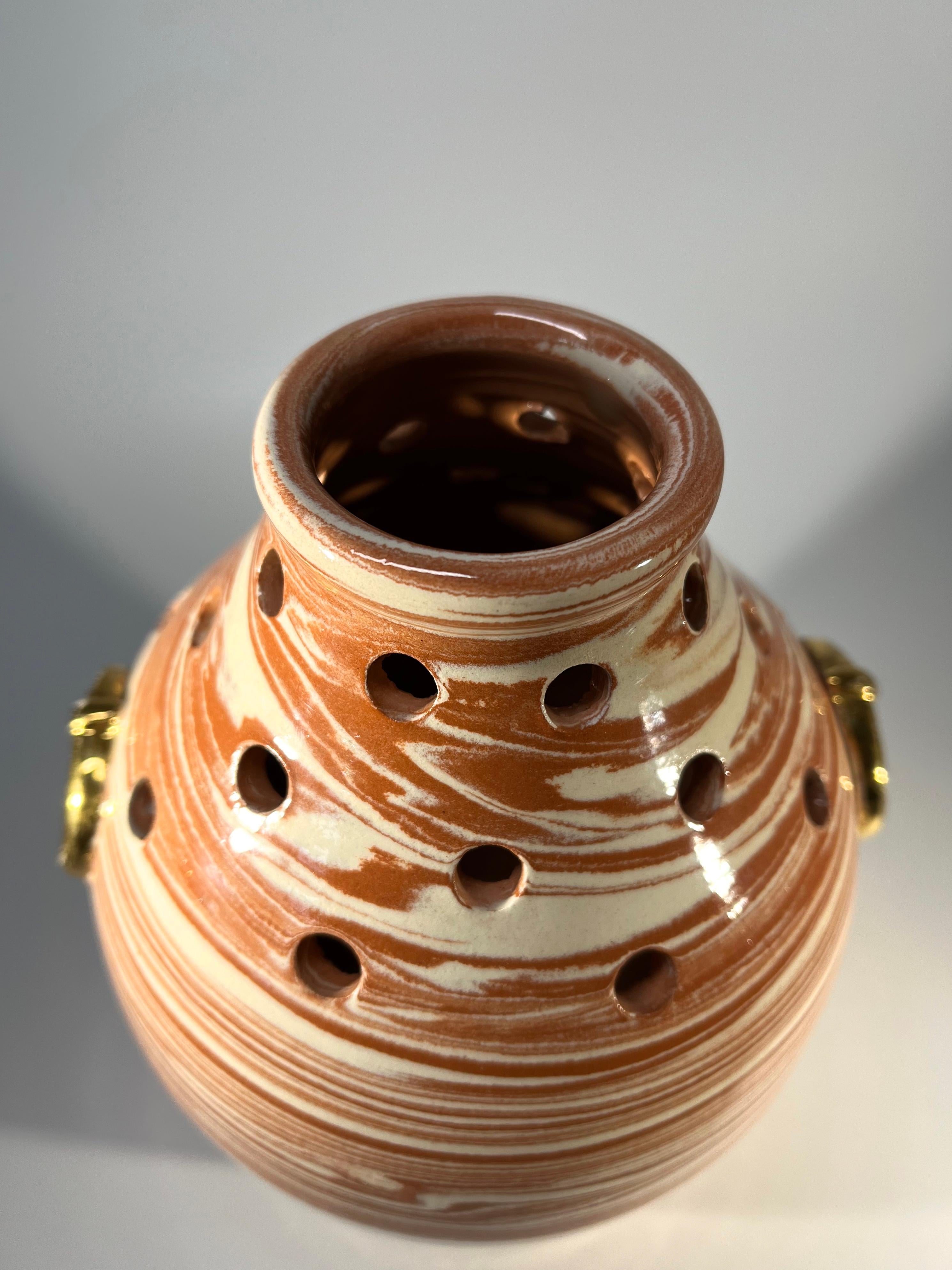 Mid-Century Modern Atypical, Pierced Glazed Ceramic Urn Vase, Vallauris, France c1970's For Sale
