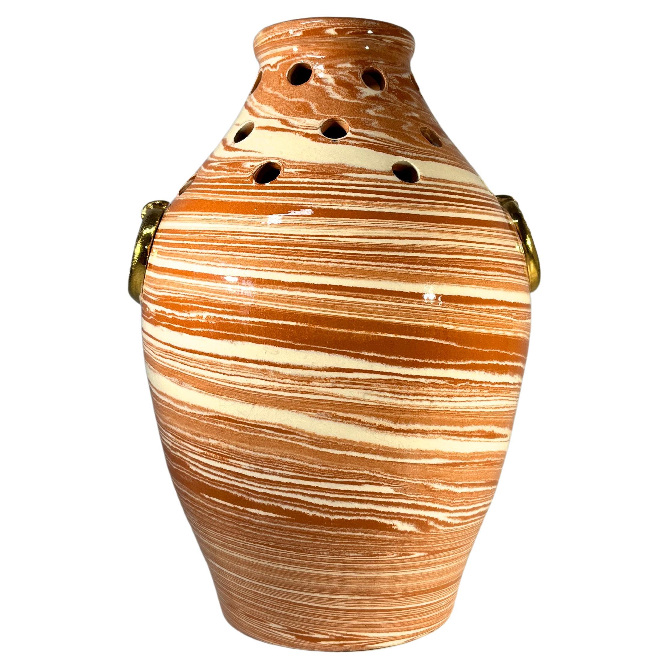 Vaso atipico a urna in ceramica smaltata traforata, Vallauris, Francia, anni '70 ca.