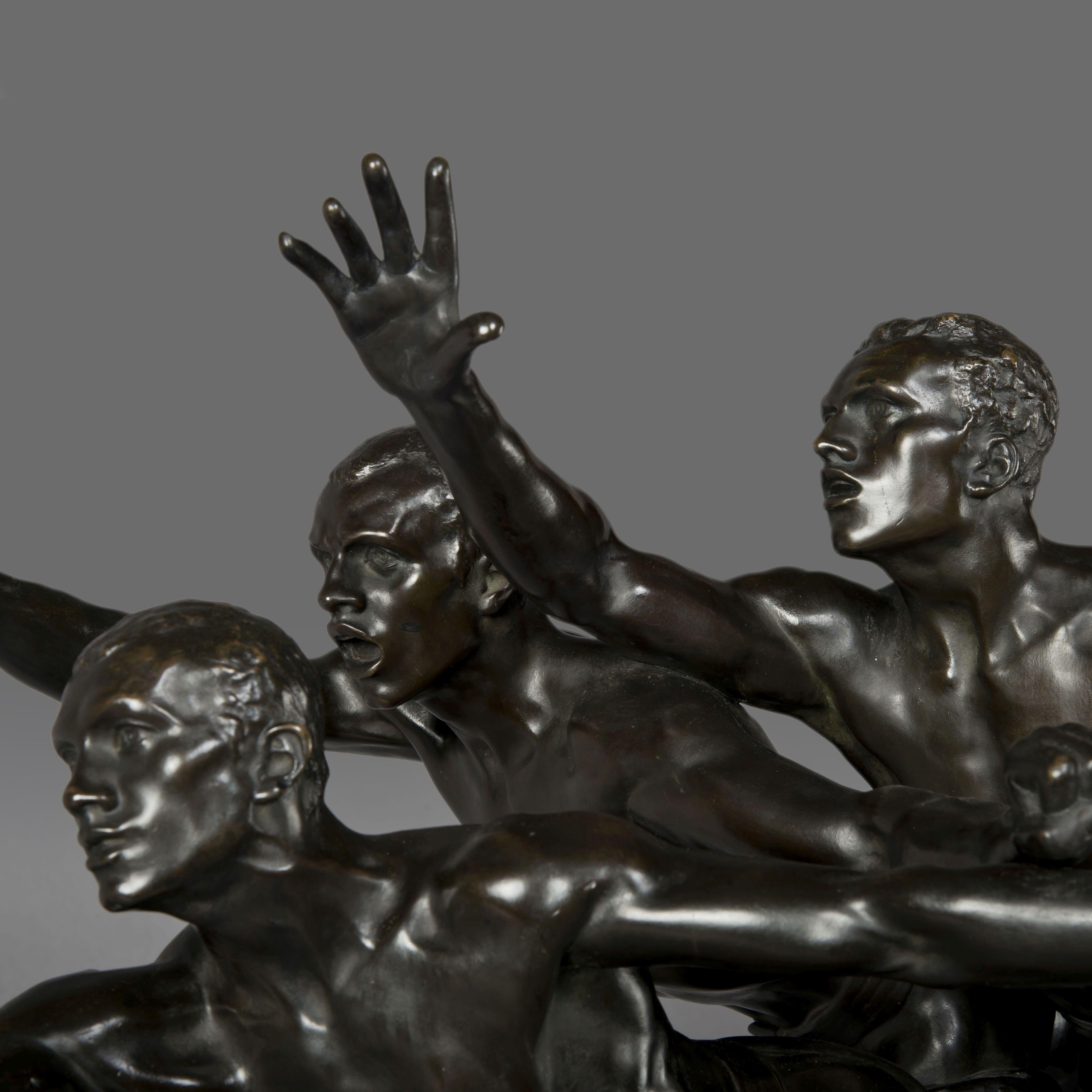 'Au But' (To the goal), a very fine patinated bronze figural group, by Alfred Boucher, raised on a rouge griotte marble base.

Signed 'A. BOUCHER' and with title plaquette 'AU BUT / 1ERE MEDAILLE D'OR SALON 1886-87 / ACQUIS PAR L'ETAT A. BOUCHER