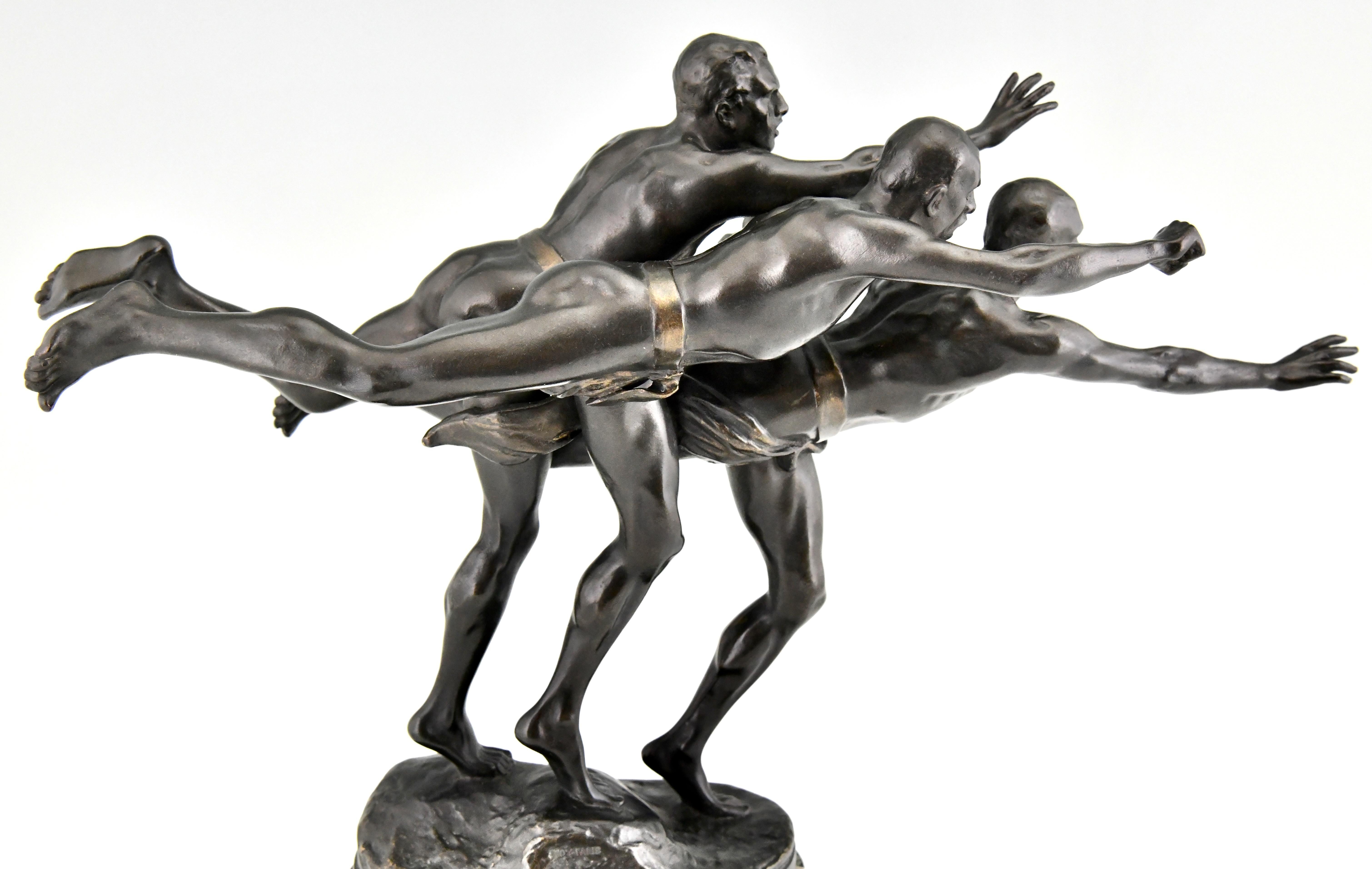 Au But, Antique Bronze Sculpture 3 Nude Runners by Alfred Boucher, France, 1890 3