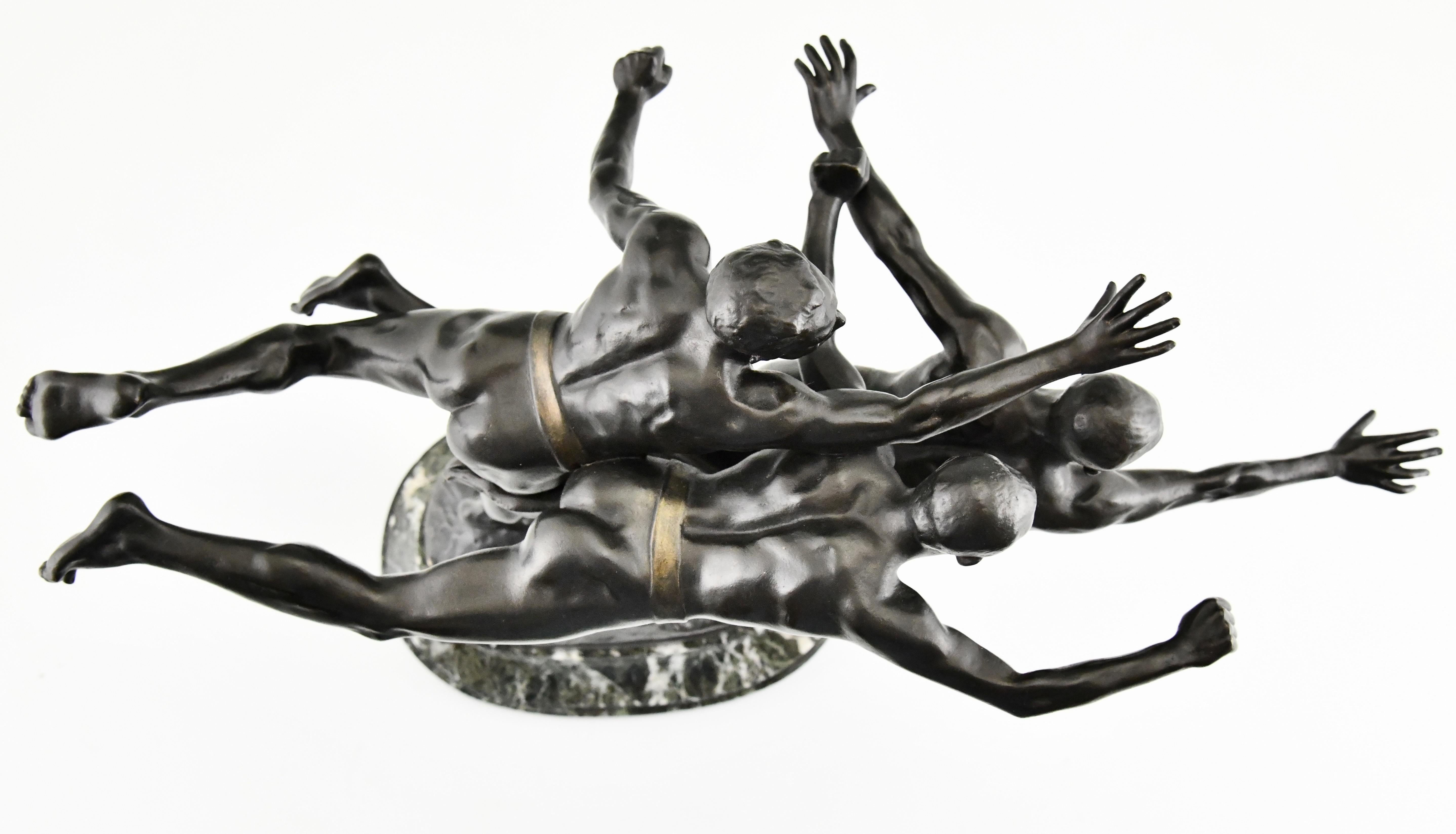 Au But, Antique Bronze Sculpture 3 Nude Runners by Alfred Boucher, France, 1890 4