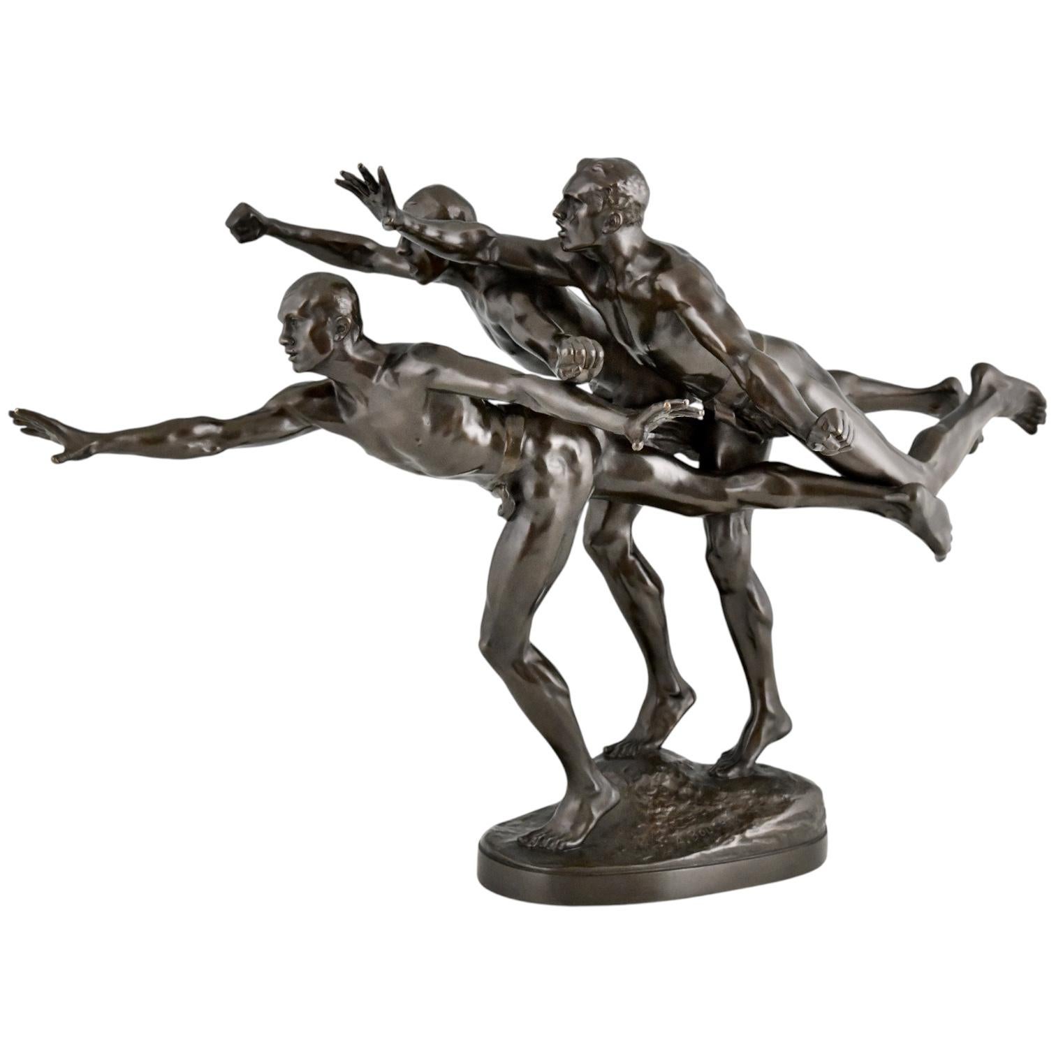 Au But Escultura antigua de bronce 3 corredores desnudos de Alfred Boucher Francia 1890 en venta 5