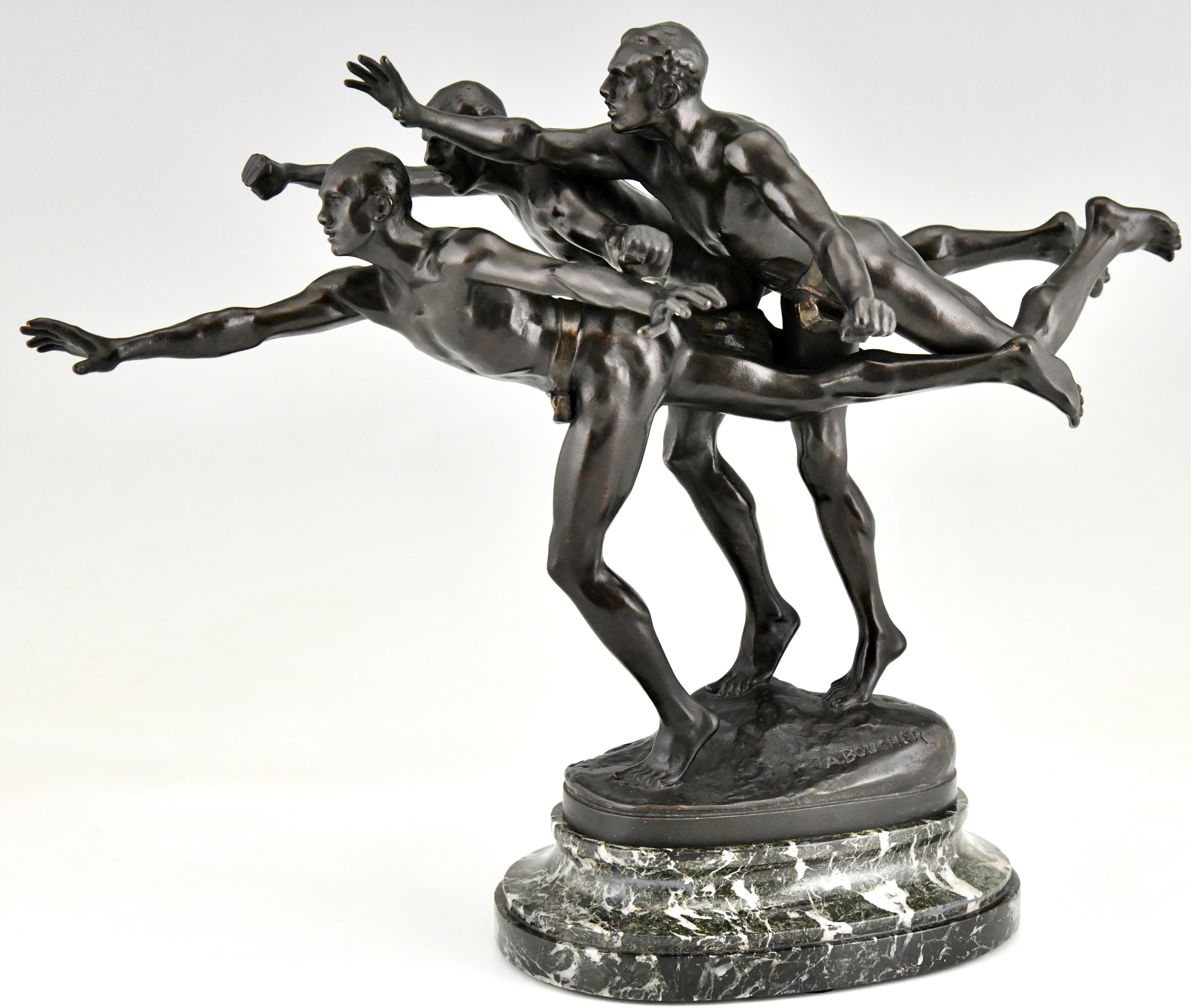 Au But, Antique bronze sculpture of 3 nude runners by Alfred Boucher with the Siot founders' signature. 
Patinated bronze on green marble base. France, circa. 1890. 
Entitled To the goal, Au but or Les Coureurs. 
Alfred Boucher (France