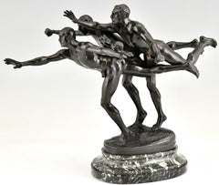 Au But, Antique Bronze Sculpture 3 Nude Runners by Alfred Boucher, France, 1890