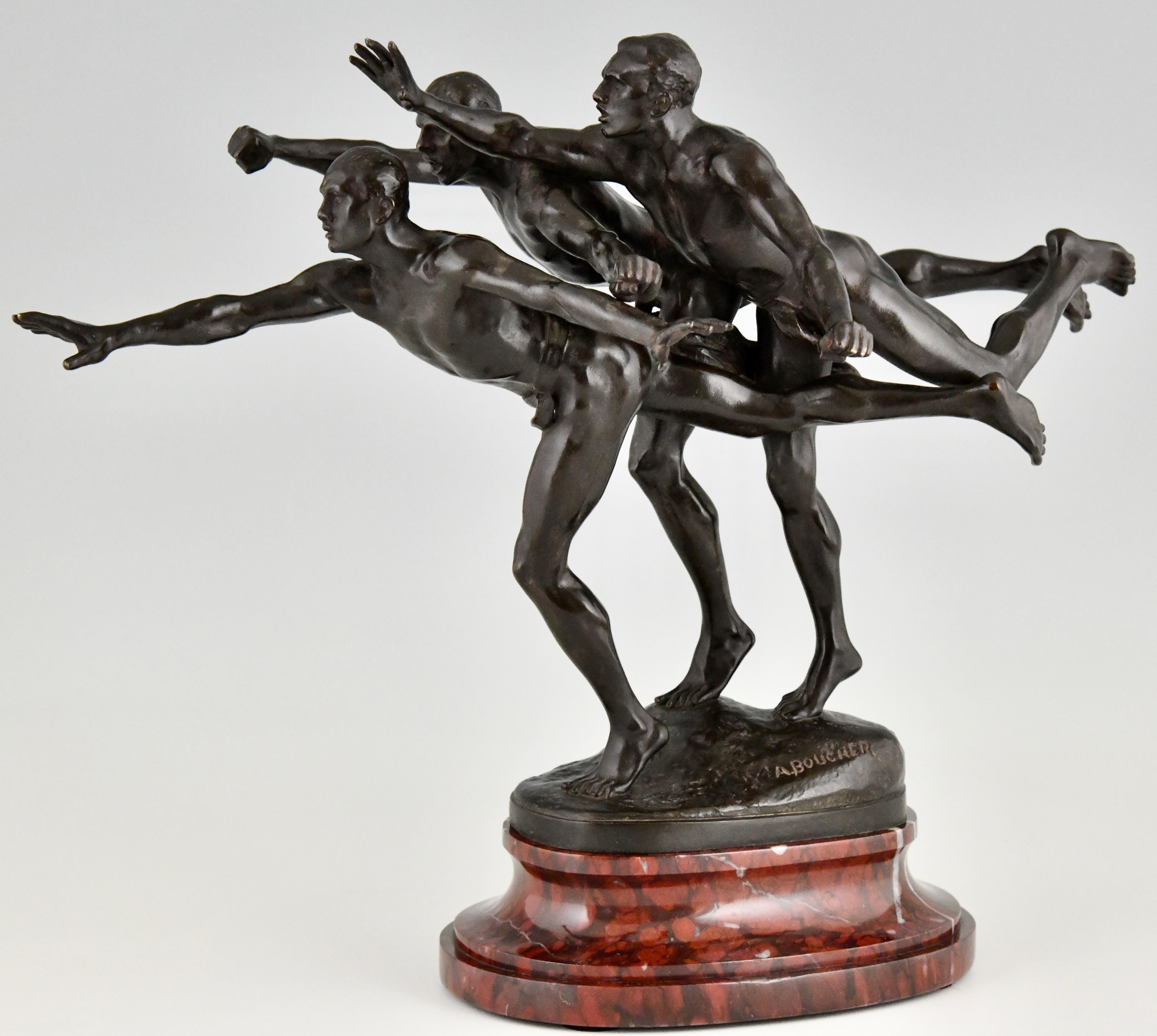 Au But, Antique bronze sculpture of 3 nude runners by Alfred Boucher with the Siot founders' signature. 
Patinated bronze on red marble base. France, circa. 1890. 
Entitled To the goal, Au but or Les Coureurs. 
Alfred Boucher (France 1850-1934)
The