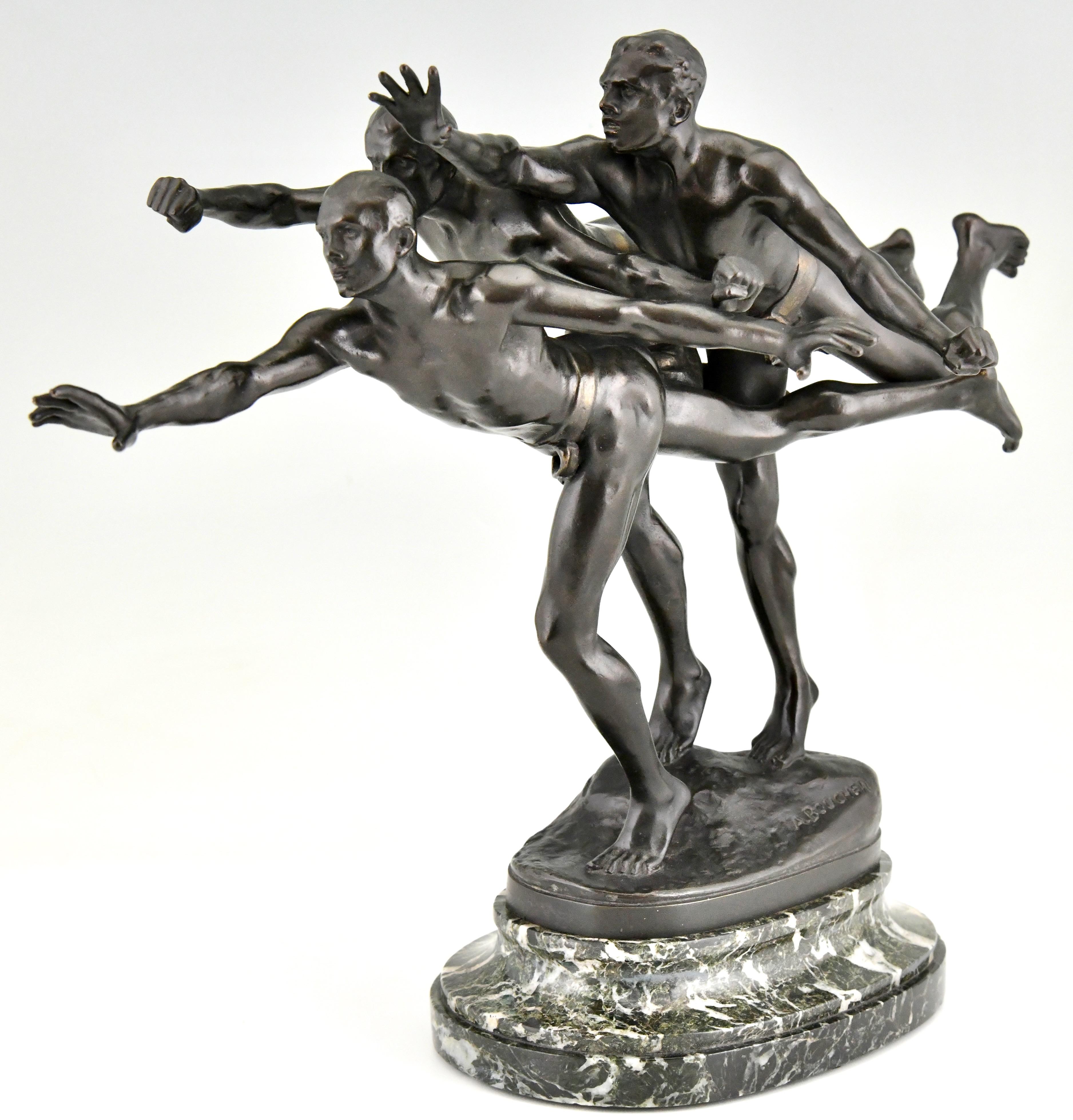 Romantic Au But, Antique Bronze Sculpture 3 Nude Runners by Alfred Boucher, France, 1890