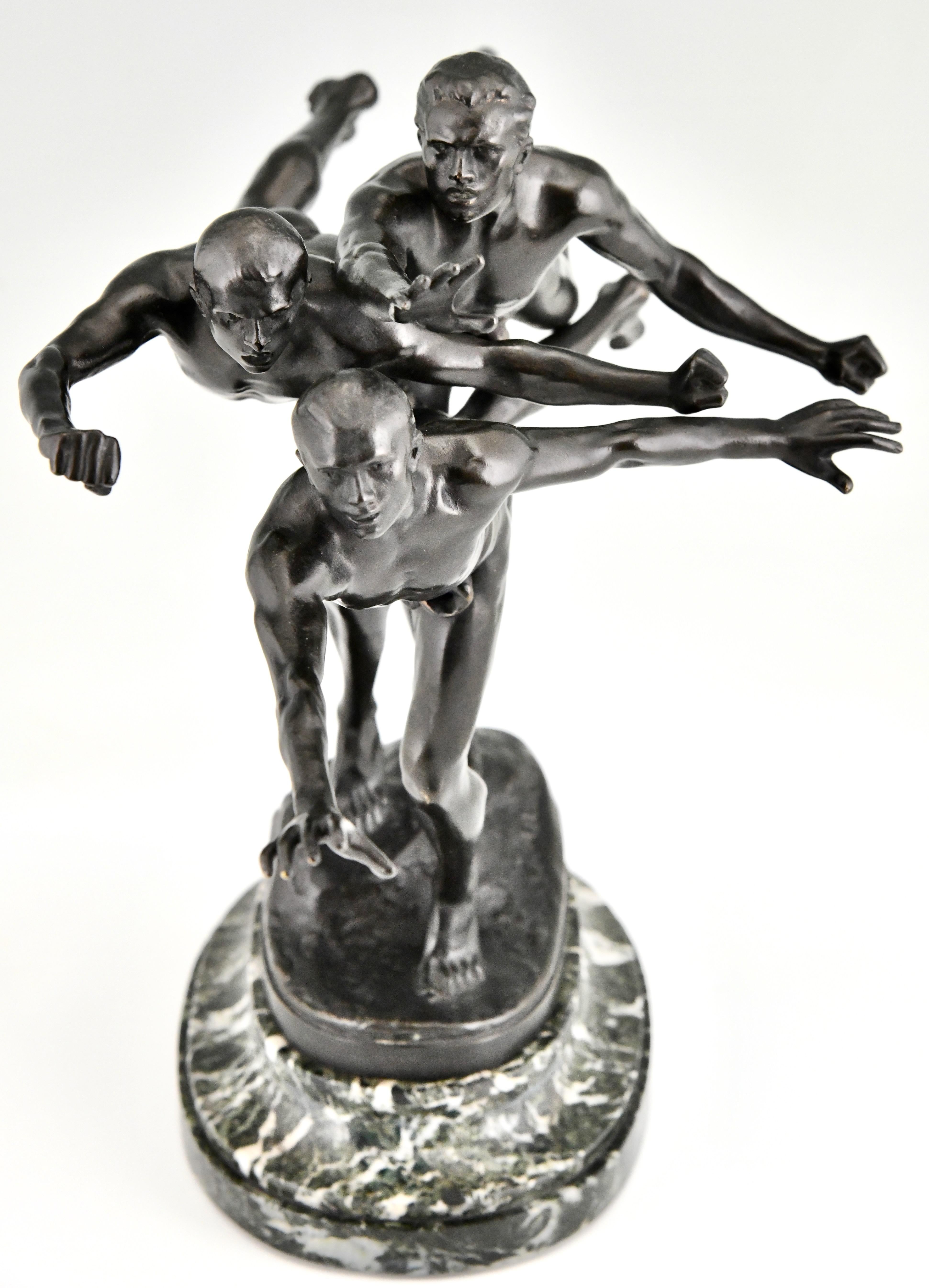 French Au But, Antique Bronze Sculpture 3 Nude Runners by Alfred Boucher, France, 1890