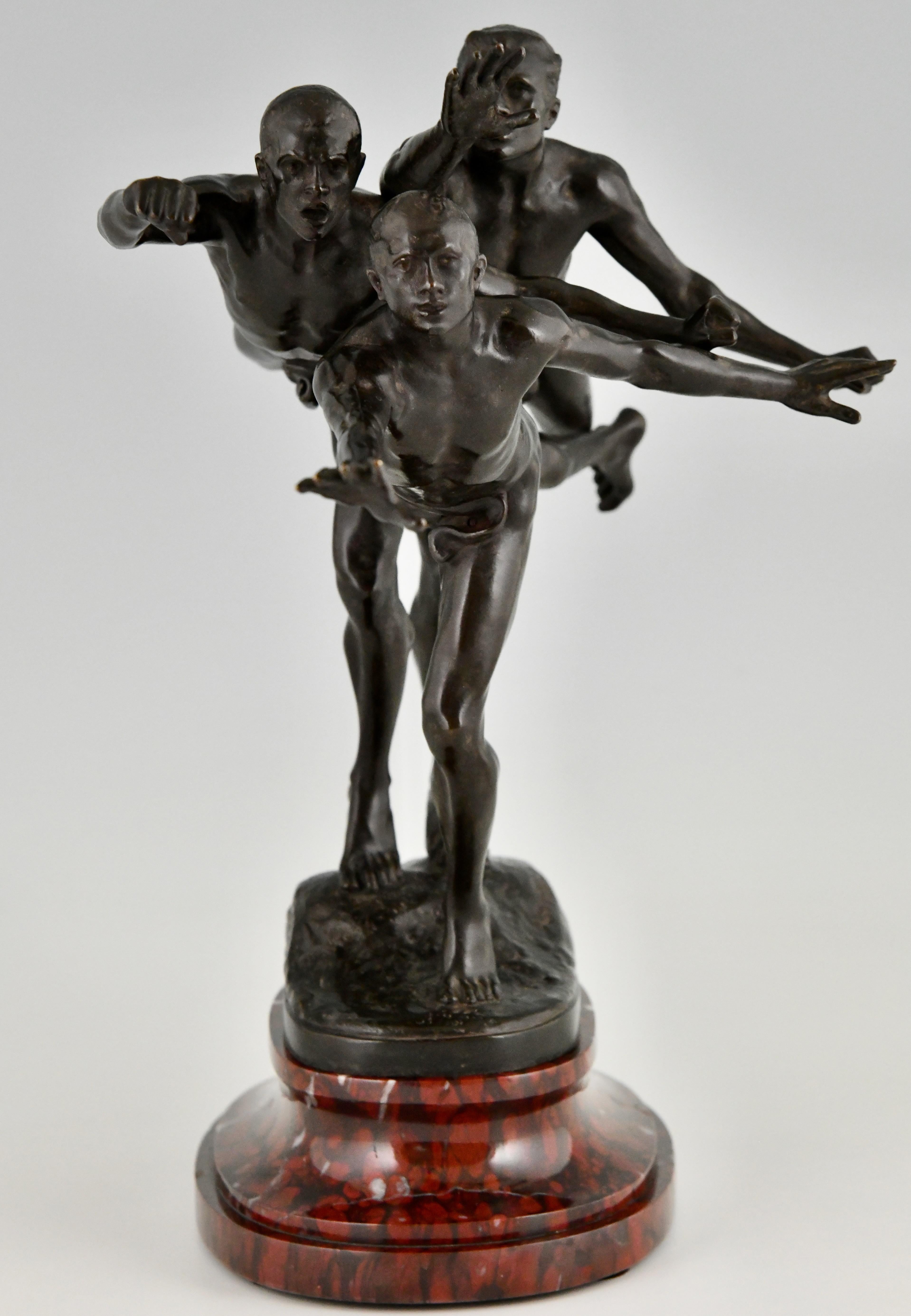 French Au But Antique Bronze Sculpture 3 Nude Runners by Alfred Boucher France 1890  For Sale