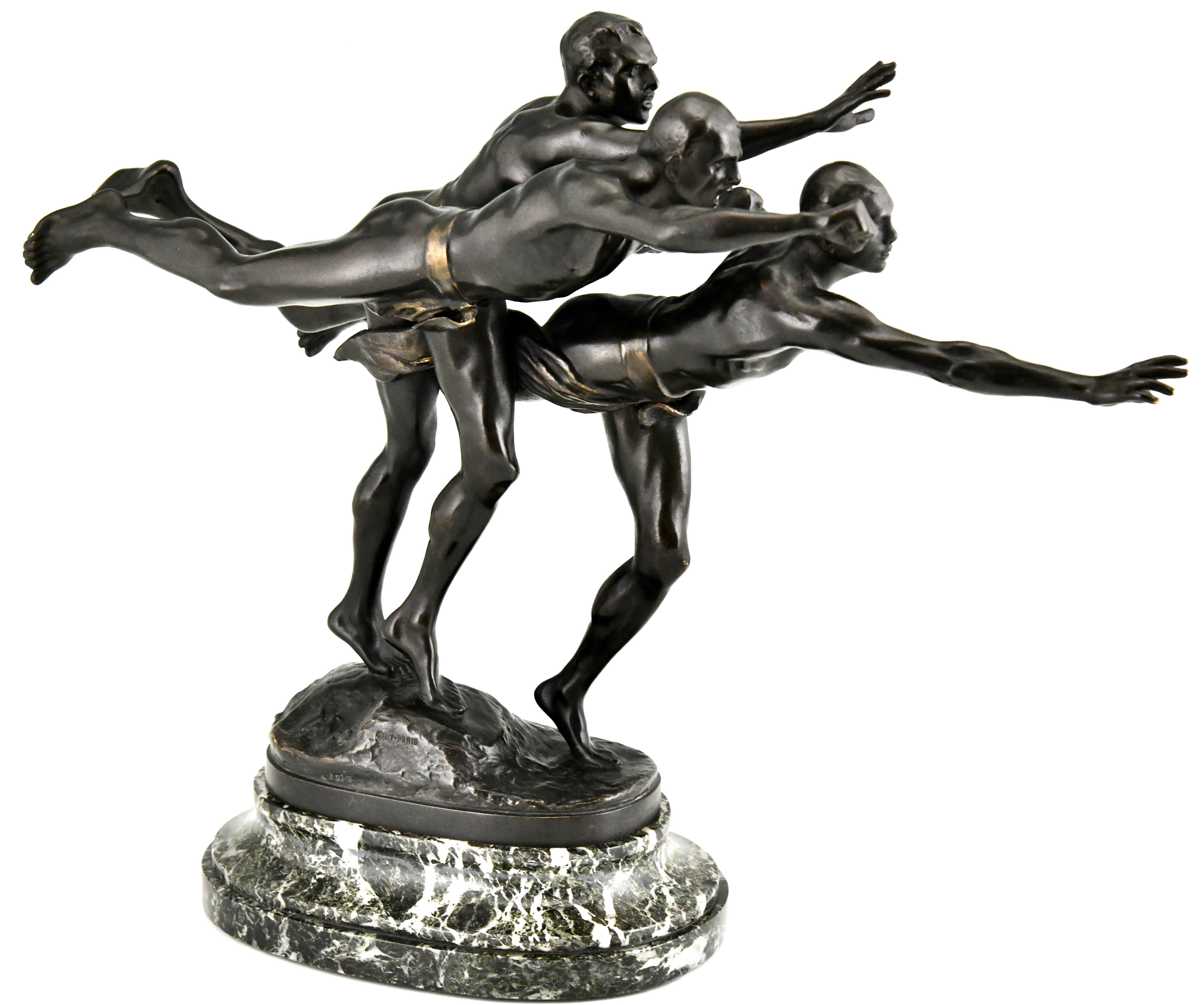 Patinated Au But, Antique Bronze Sculpture 3 Nude Runners by Alfred Boucher, France, 1890