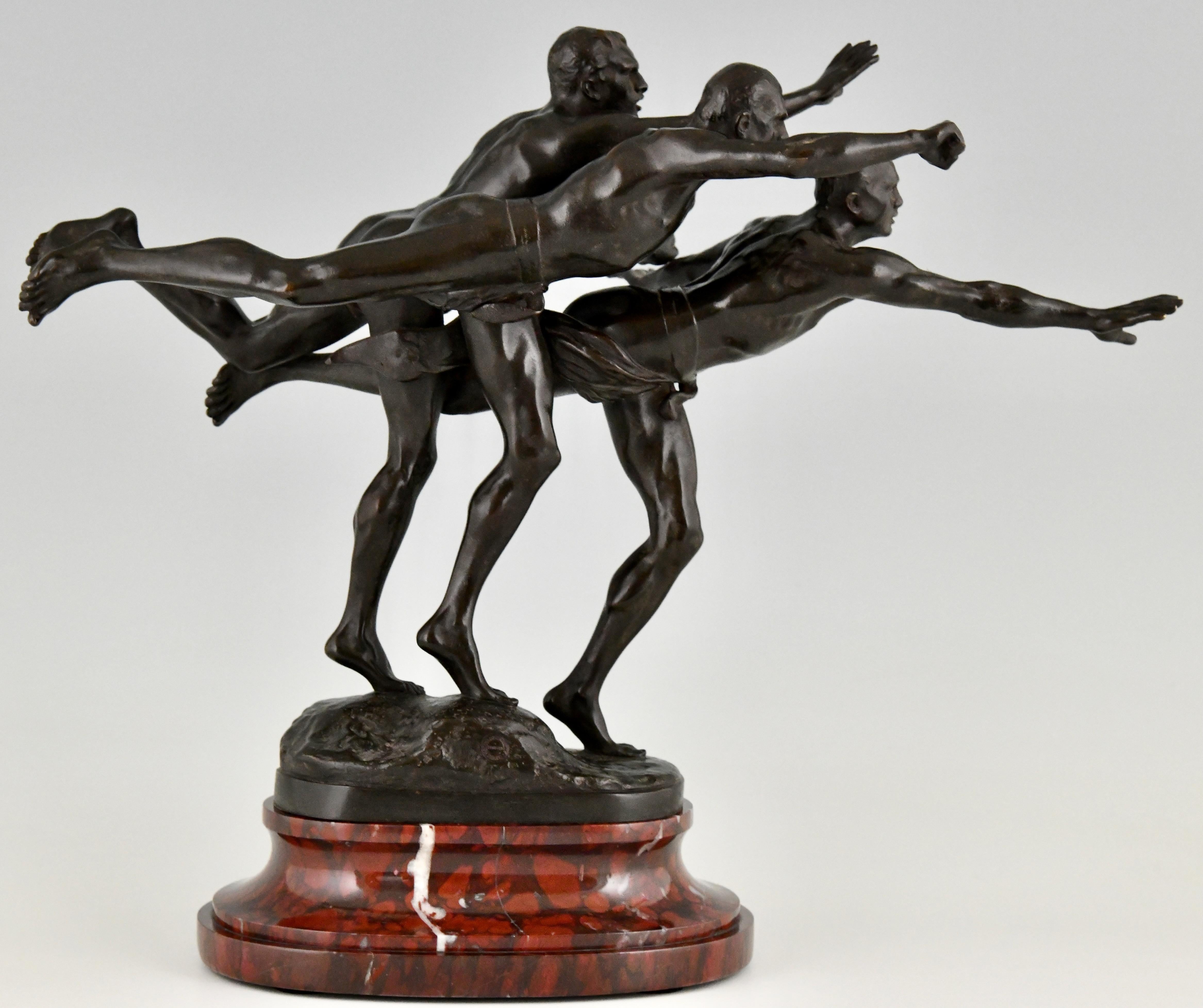 Patinated Au But Antique Bronze Sculpture 3 Nude Runners by Alfred Boucher France 1890  For Sale
