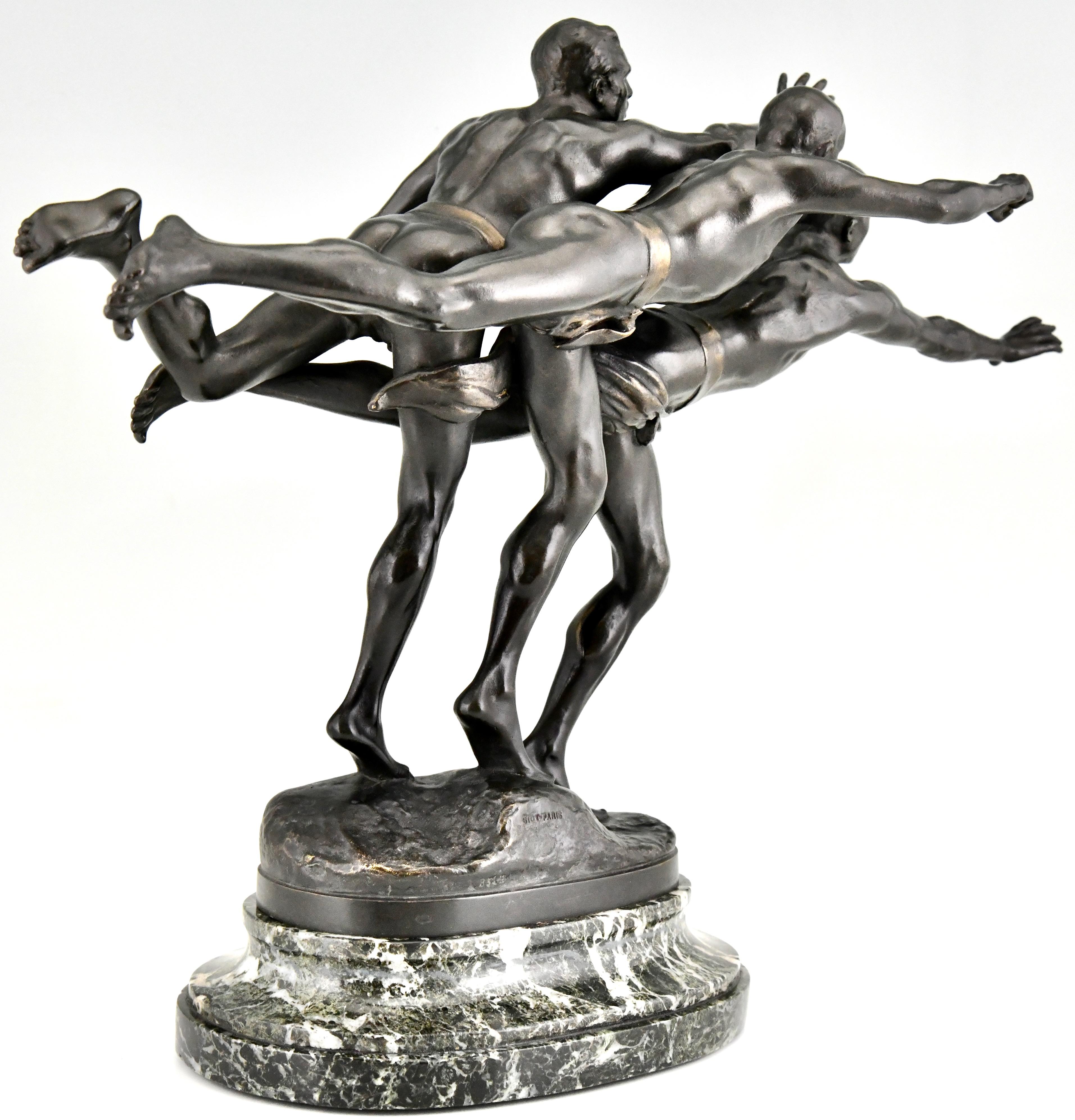 Late 19th Century Au But, Antique Bronze Sculpture 3 Nude Runners by Alfred Boucher, France, 1890