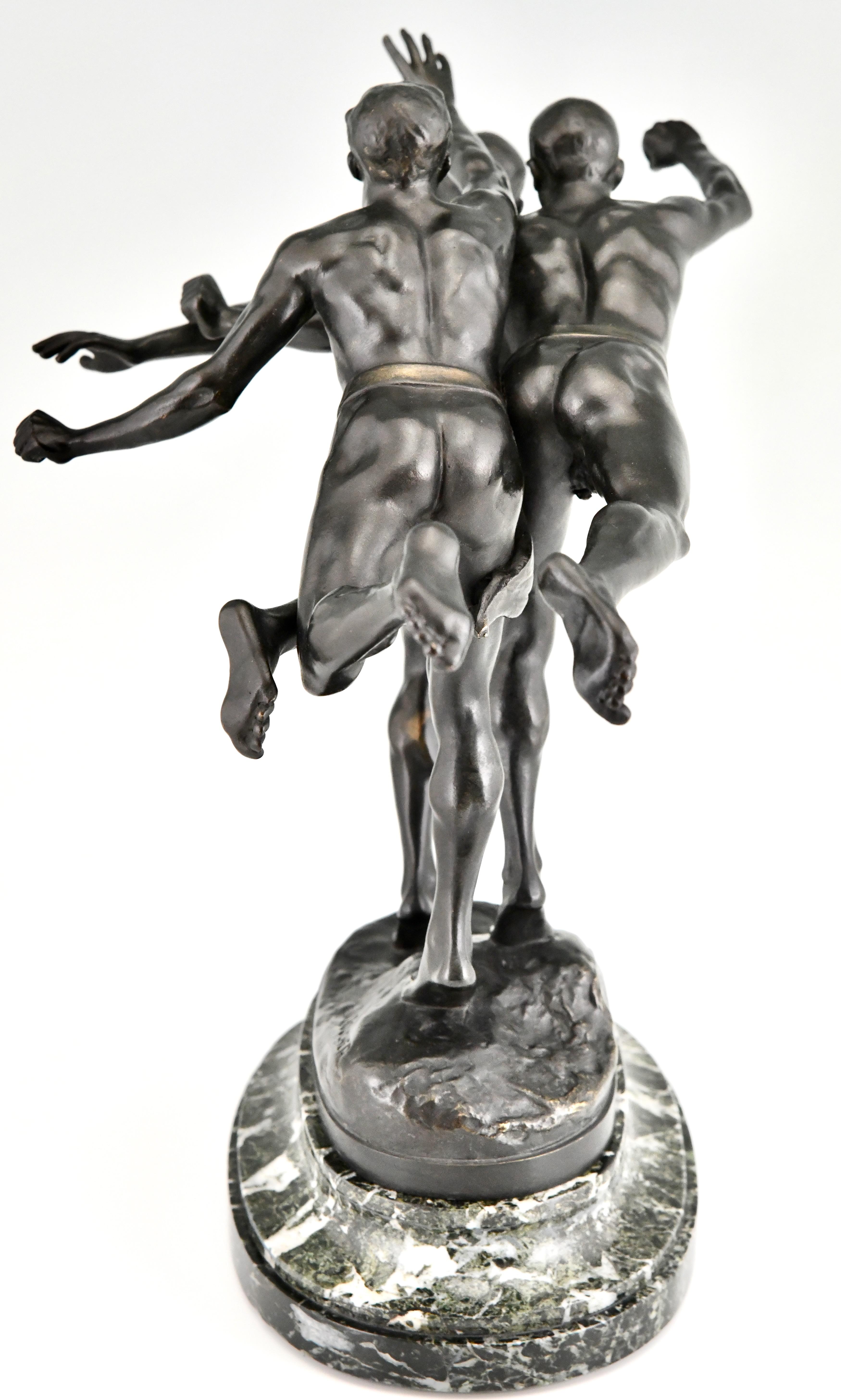 Au But, Antique Bronze Sculpture 3 Nude Runners by Alfred Boucher, France, 1890 1