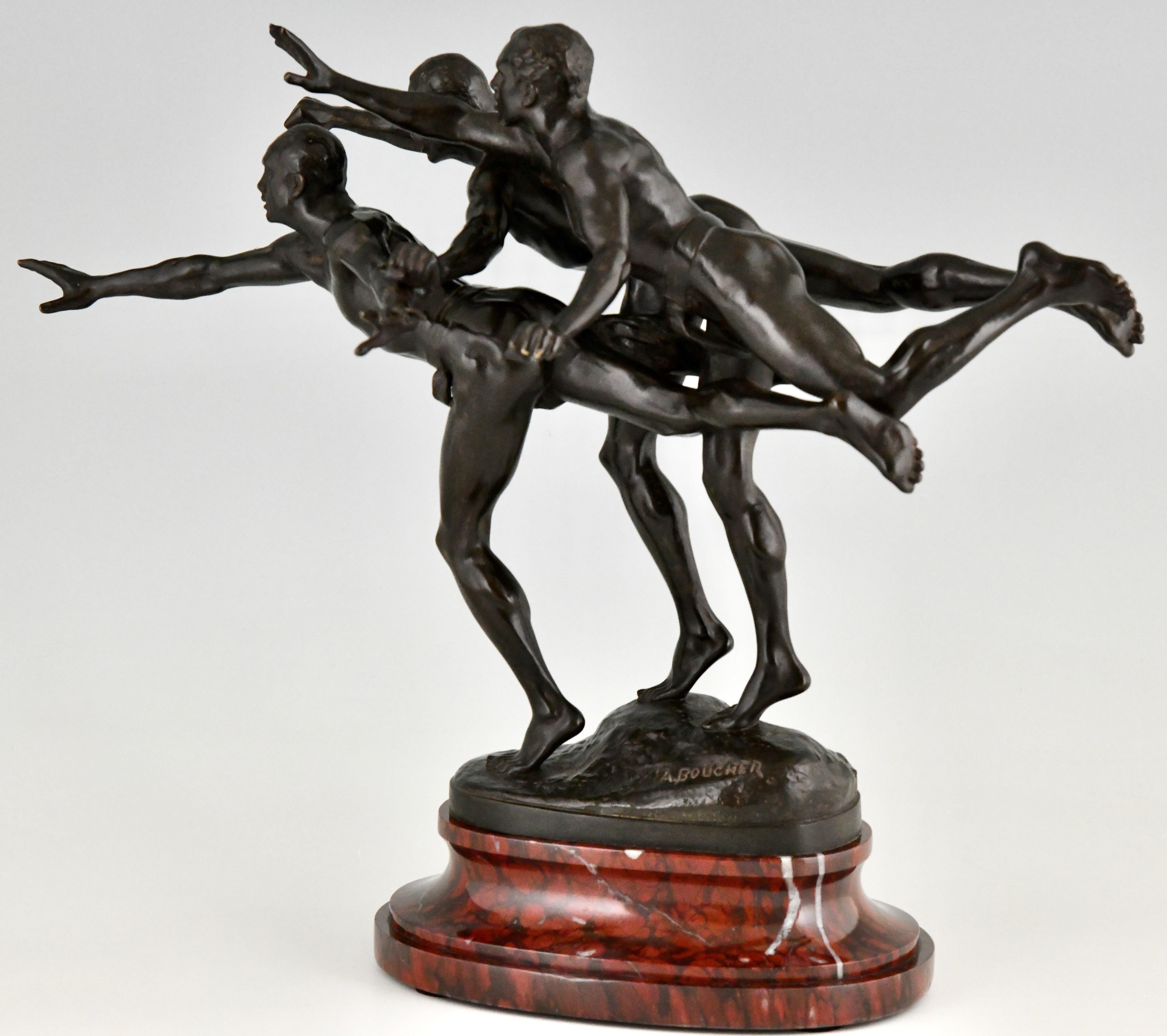 Au But Antique Bronze Sculpture 3 Nude Runners by Alfred Boucher France 1890  For Sale 1