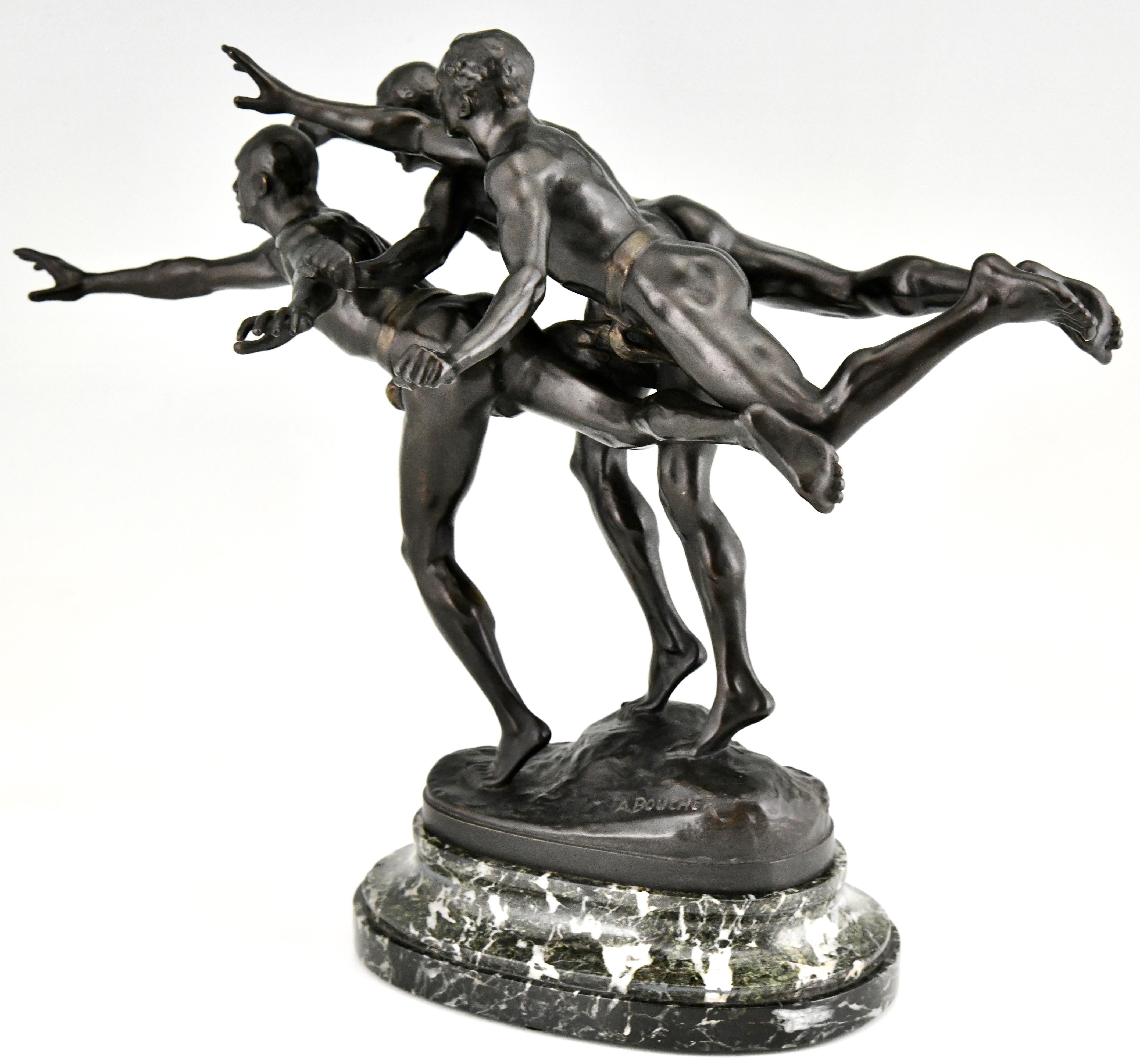 Au But, Antique Bronze Sculpture 3 Nude Runners by Alfred Boucher, France, 1890 2