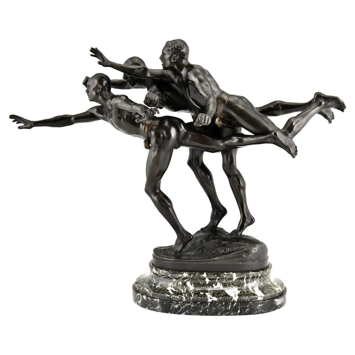 Au But, Antique Bronze Sculpture 3 Nude Runners by Alfred Boucher, France, 1890