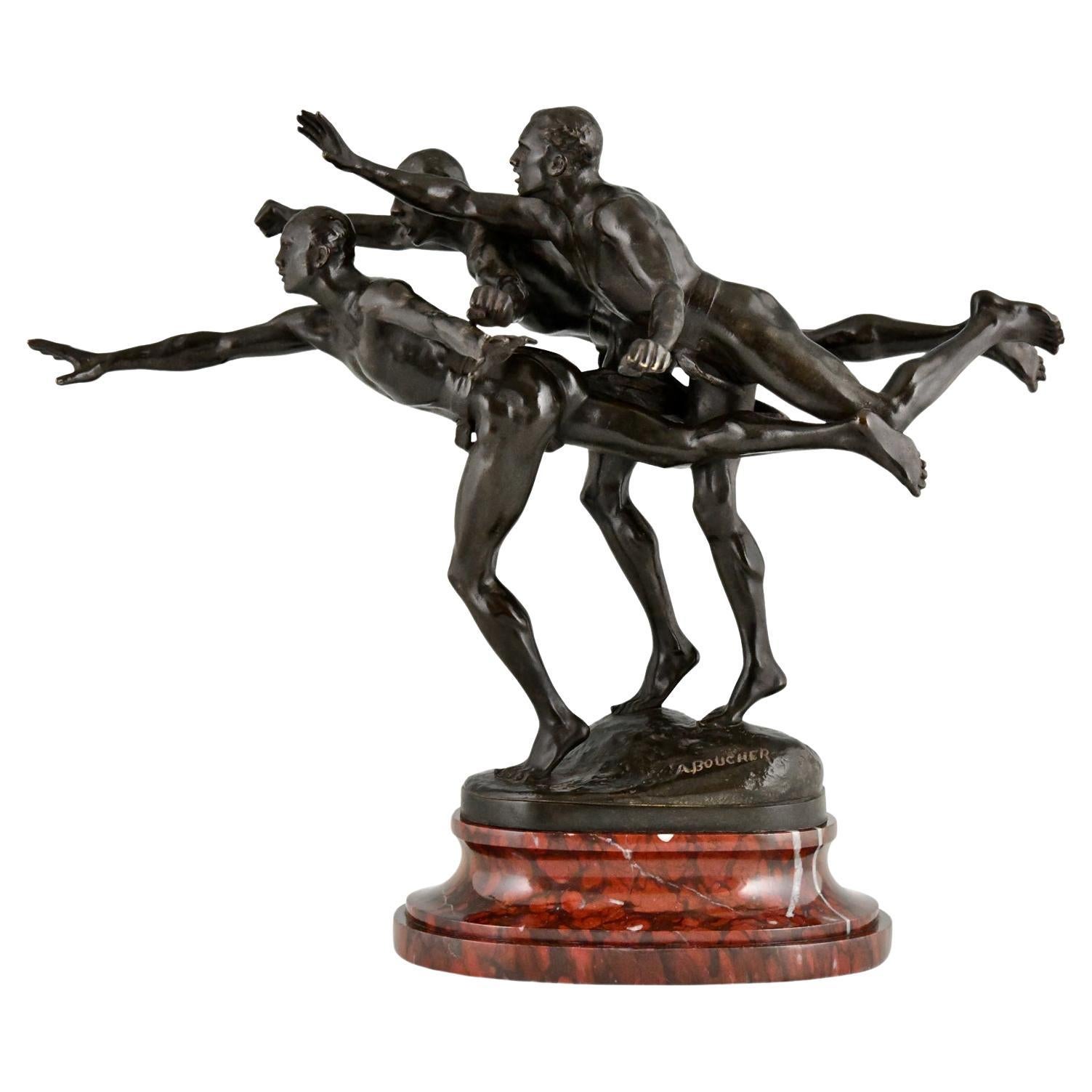 Au But Antike Bronzeskulptur 3 nackte Läufer von Alfred Boucher, Frankreich 1890 