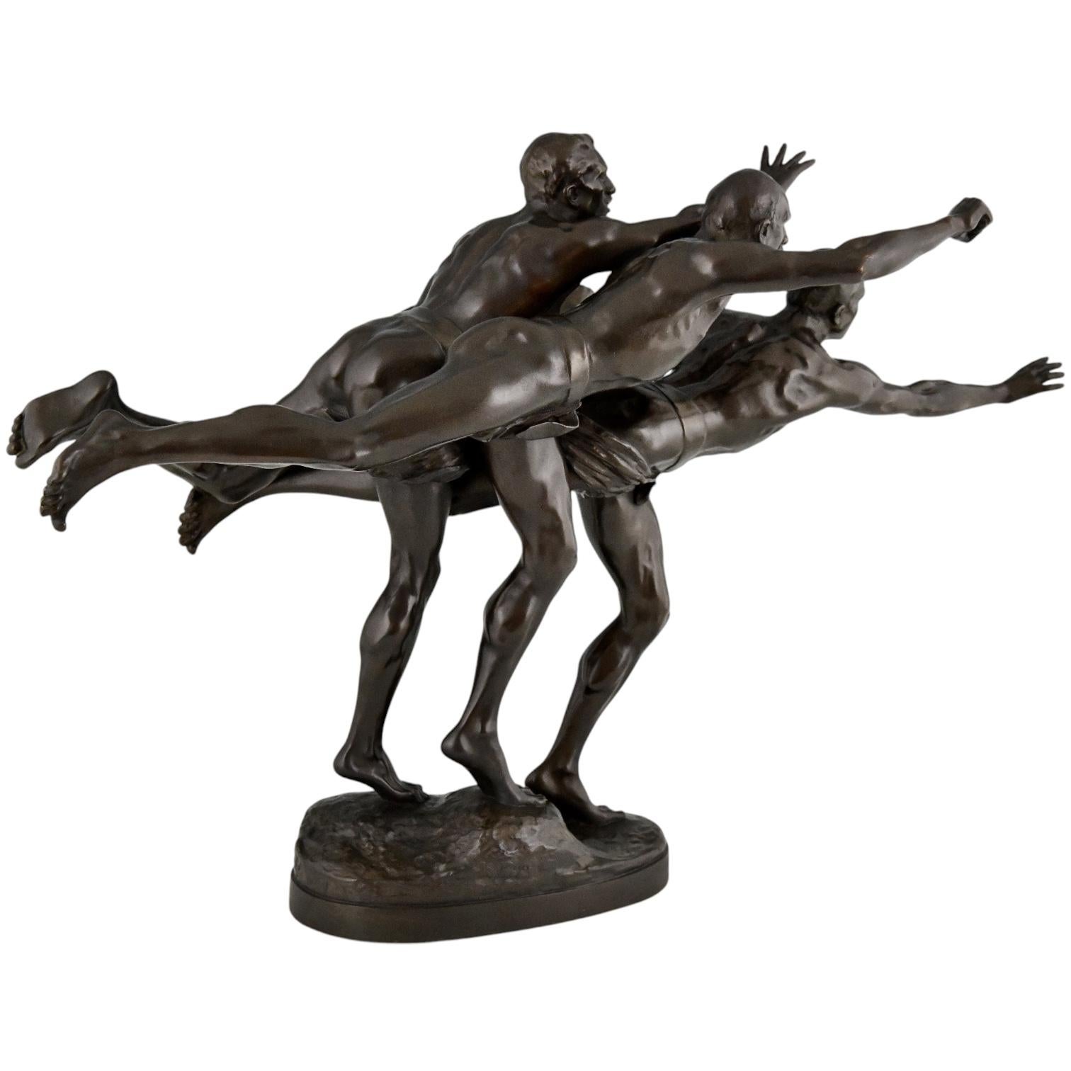 Patinato Scultura in bronzo Au But 3 nudi corridori di Alfred Boucher & Siot Foundry 1890. in vendita