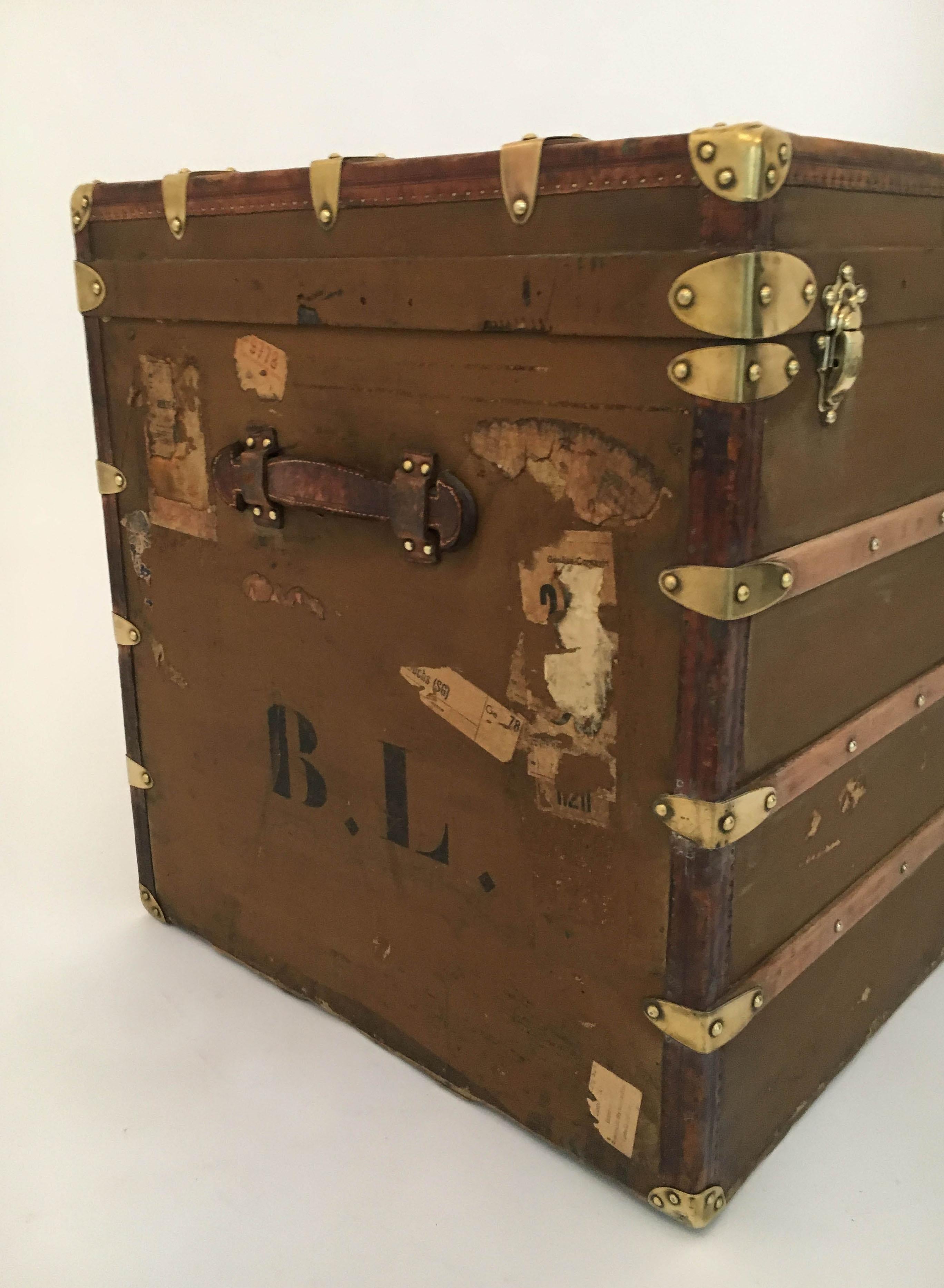 Brass Au Départ Courier Trunk Early 20th Century, France, 1910s For Sale