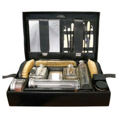 Au Départ Fully Fitted Gentleman’s Travelling Dressing Case, Hall Marked Silver