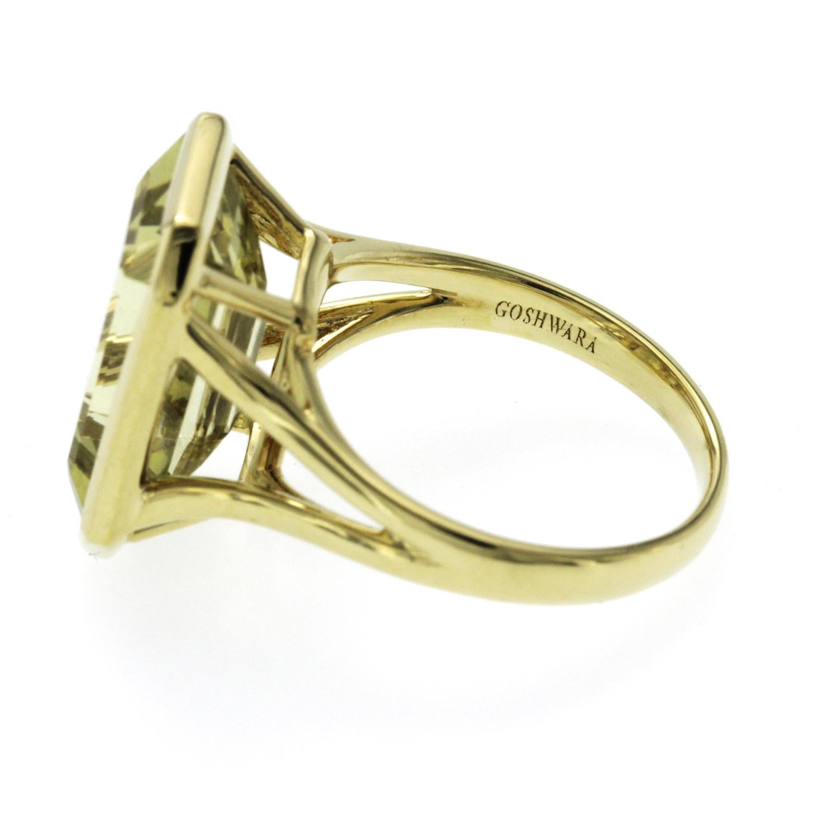 Au  Goshwara 18 Karat Gelbgold  Zitronenquarz Smaragdschliff Lünette Set Ring Größe 7 1