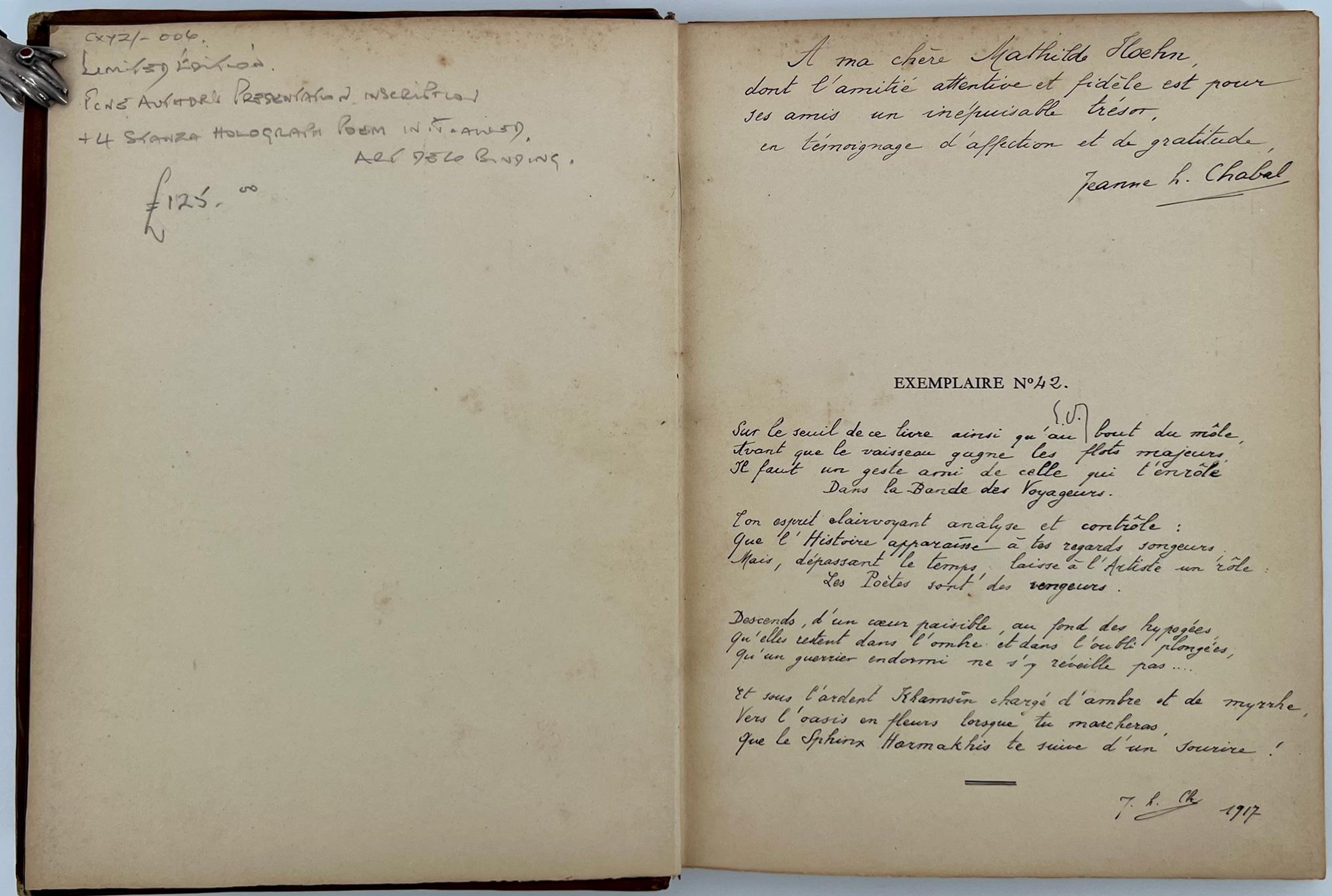 Ce petit volume élégamment imprimé et relié est enrichi d'une inscription affectueuse de l'auteur à son amie Mathilde Koehn, et d'un poème olographe de 4 strophes, paraphé et daté de 1917. Le Khamisin, ou Kamseen, est un vent local sec, chaud et