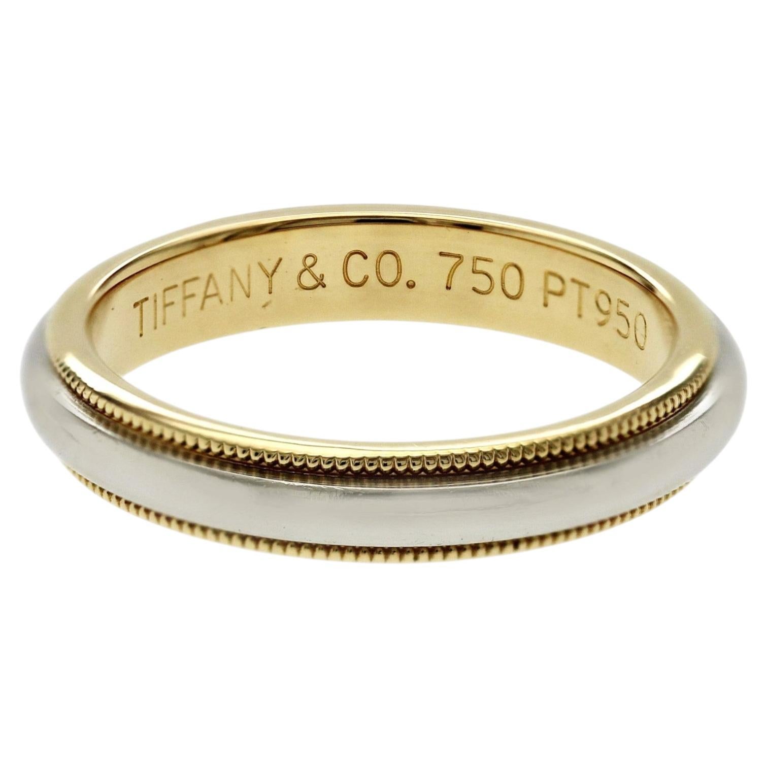 Au Tiffany & Co. 18K Gold & Platinum Milgrain 3.5 mm Wedding Band Ring Size 6.5